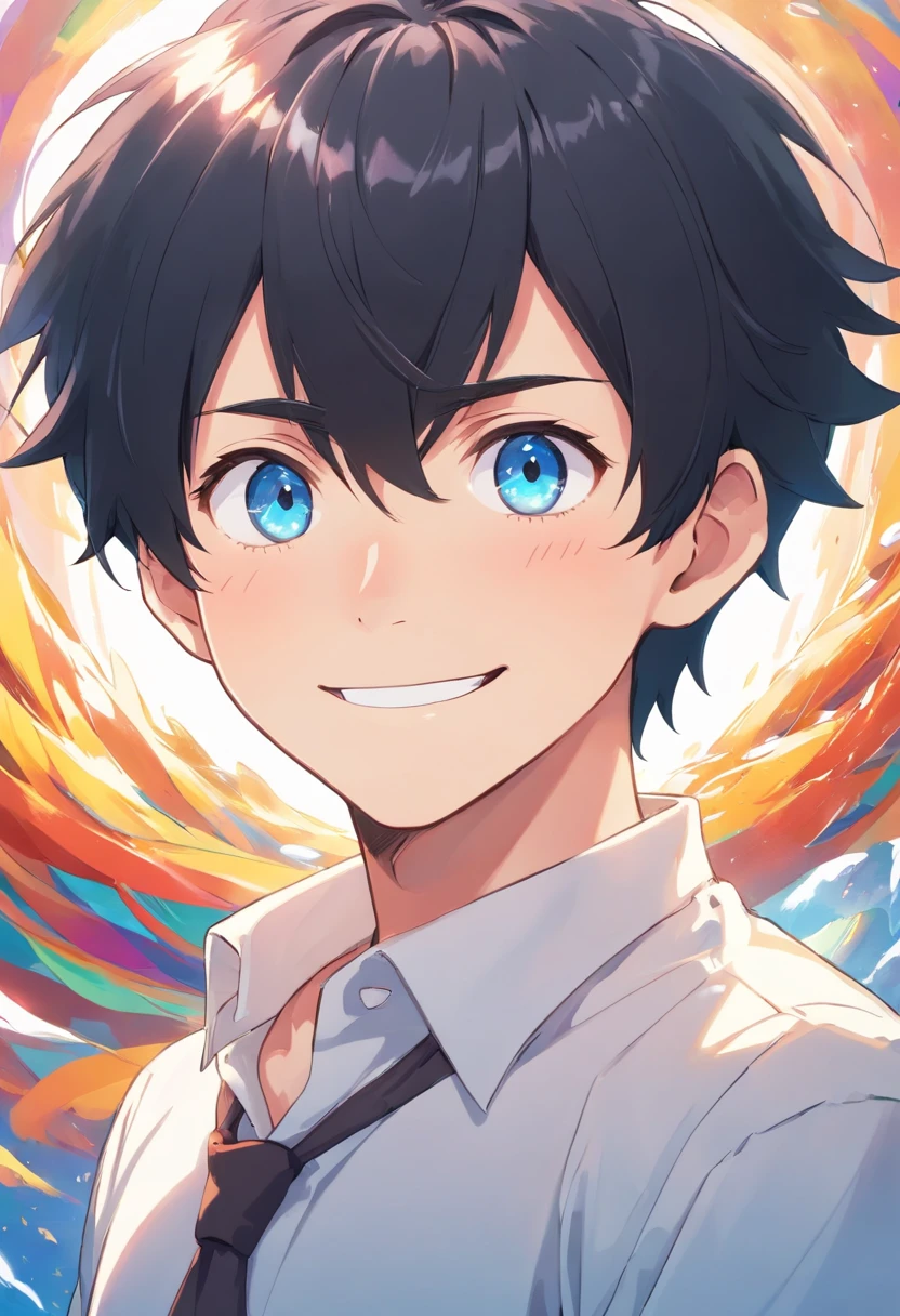beaming smile,White room background,Black hair, Anime style, Character Chart, One-person viewpoint,white shirt,Anime Boy, young anime man, anime moe art style, Anime Boy, Smooth Anime CG Art, Male anime style, artwork in the style of guweiz, A cute boy,rainbows,Anime portrait of a handsome man, digital anime illustration, Short anime guy with blue eyes, male anime characters, boy has short black hair,nffsw,