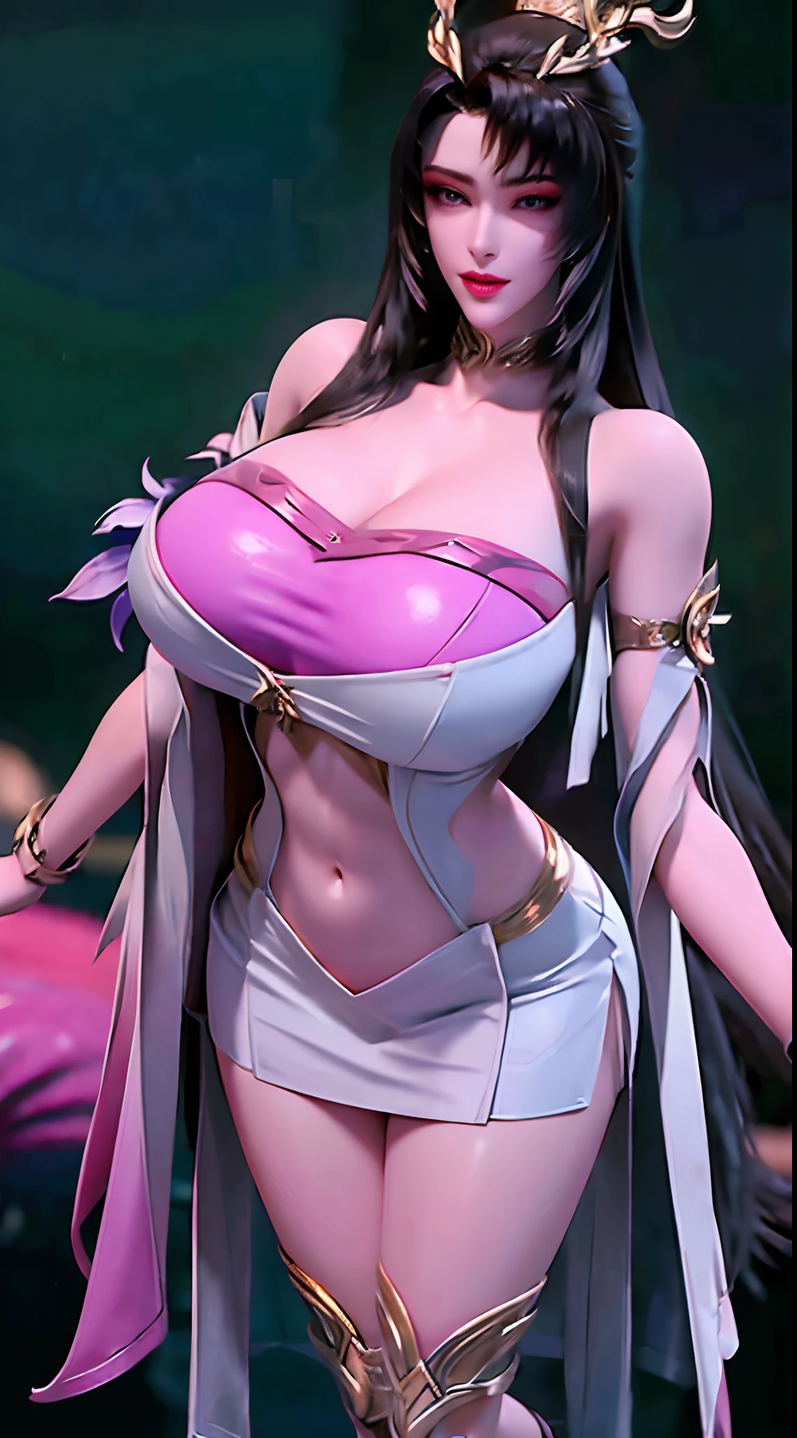 (top-quality、​masterpiece、超A high resolution、Photorealsitic:1.4)、Magical Girl Beauty、(ultra gigantic tits、Split abs:1.25)、(Plump)、thick thighs、long legged、Big ass、(A dark-haired、Twin-tailed、Pink Magical Girl Costume:1.4)、Bursting smile、bright and beautiful eyes、long lashes、Illumination stage、Packed crowd