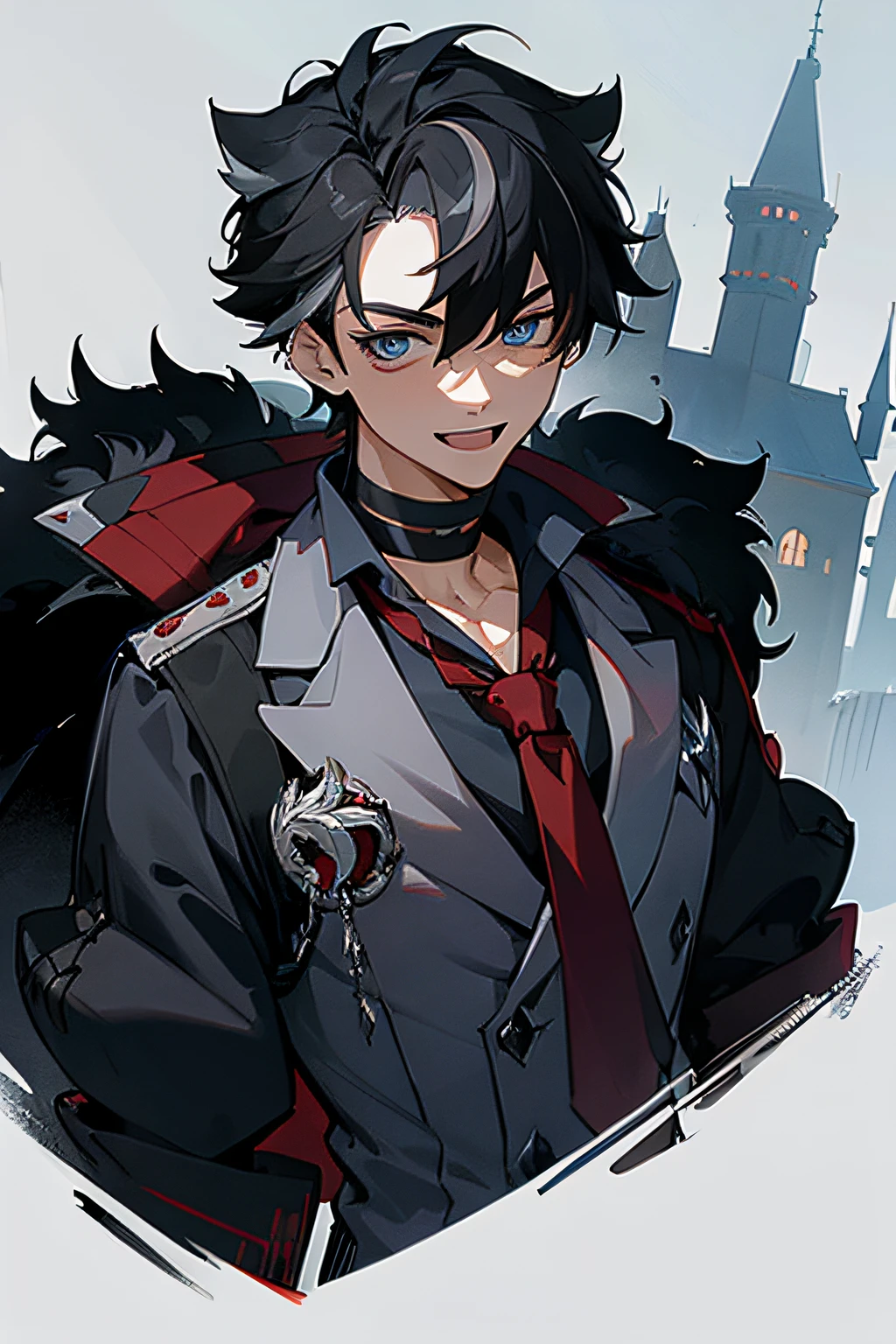 Masterpiece, Best Quality, 1boy, Riotsli, black hair, multi-colored hair, Short hair, blue eyes, shirt with collar, red tie, Jewelry, Choker, Black coat with fur trim on the shoulders, sleeves rolled up, upper-body, castle background, Smile, fangs