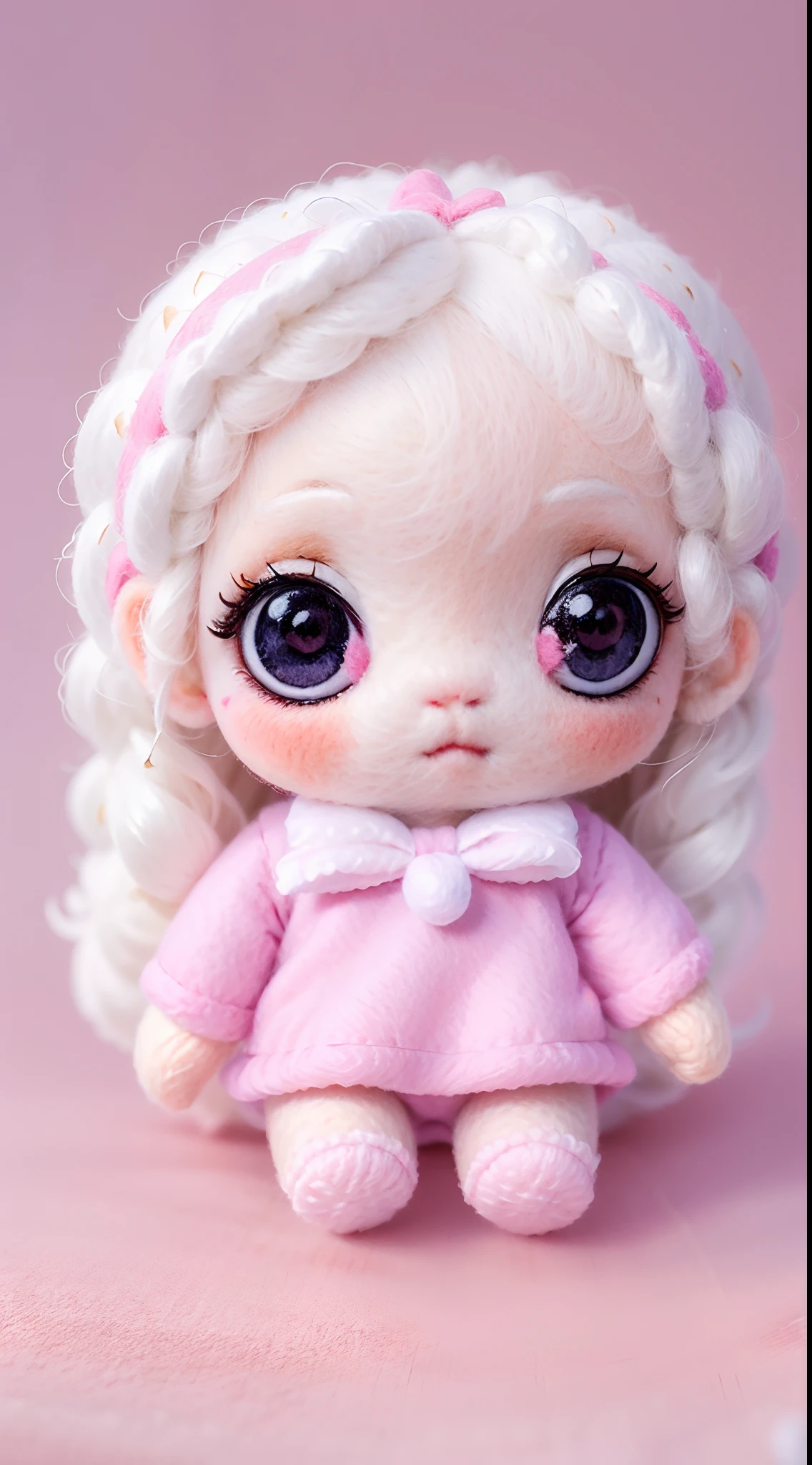 wool felt，felt，Plush ，adolable，Masterpiece, Best quality, Super detailed, illustration, Beautiful eyes, Close up, A girl. It is white hair, Pink bow, White pajamas.