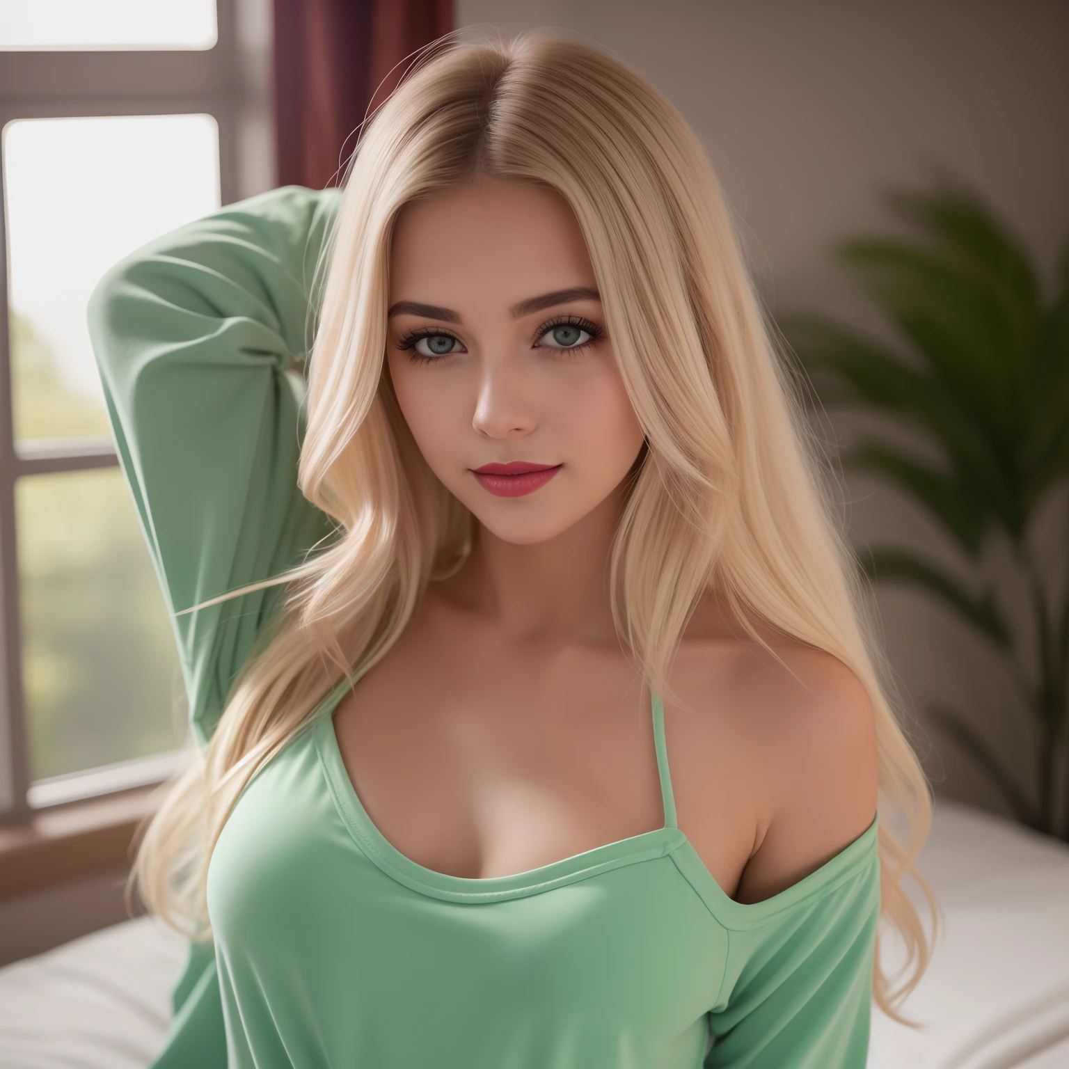 26 years old Uma mulher jovem e bonita, blonde hair that falls gently in waves up to the shoulders, altura mediana, olhos grandes e verdes, pele clara, she's in her pyjamas, ela esta em sua cama, fazendo cuidados com a pela antes de dormir, The environment is illuminated with lights of warm and pleasant colors making your hair shine, seu semblante esta naturalmente sereno, lips with red lipstick, Textura 8K, altamente detalhados, realista, soft Cinematic Light, HDR, sharp fokus, obra-prima, fotorrealista, fotografia premiada, in a club, Canon EOS R5, 35 mm