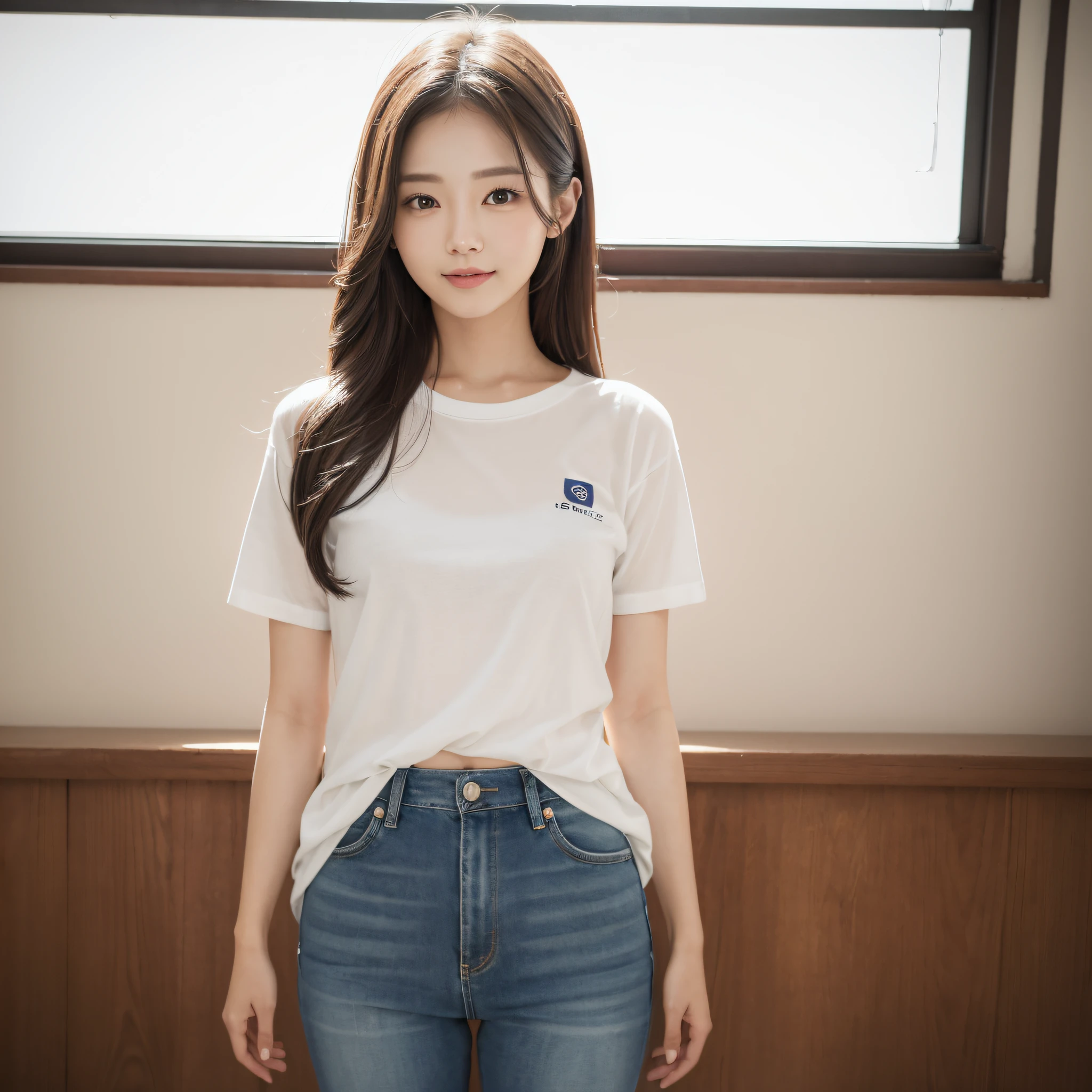 One lady、((best qualtiy、8k masterpieces:1.3))、foco nítido:1.2、(ultra beautiful faces:1.0)、(shinny skin:1.0)、photos realistic、A dark-haired、Video Lighting、High-definition eyes and face、Video Lighting、(Korean Cute Actress)、from the front side、medium breasts、Smile、Slender Abs Beauty、Whole body、wearing t-shirts、in a school