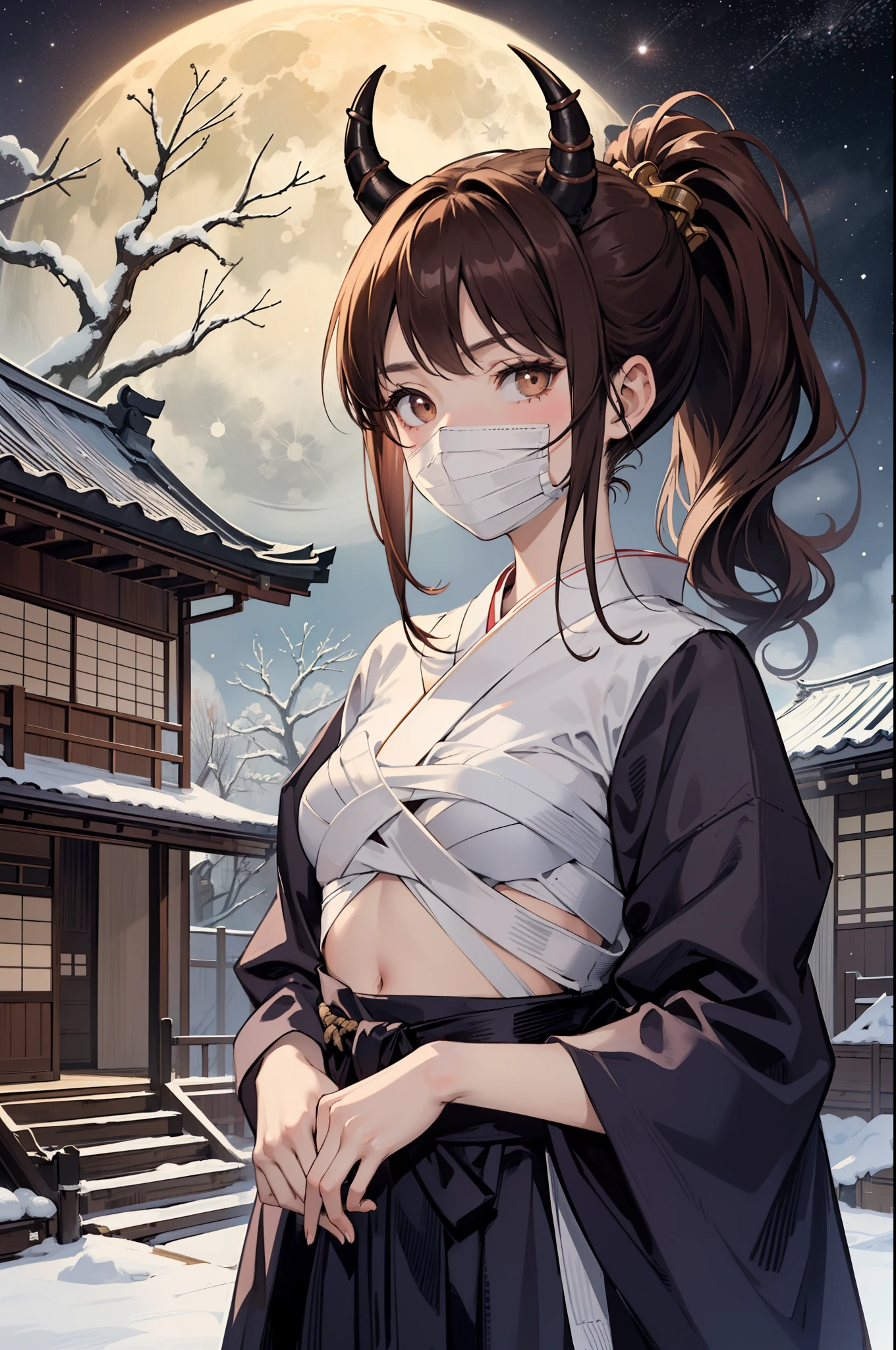 (masterpiece, best quality:1.2), (1girl, solo), ars old, full body, naked bandage, (brown hair, ponytail), black demon horns, brown eyes, masking face by bandage, (old Japanese style house, standing on the roof), (night sky, full moon)