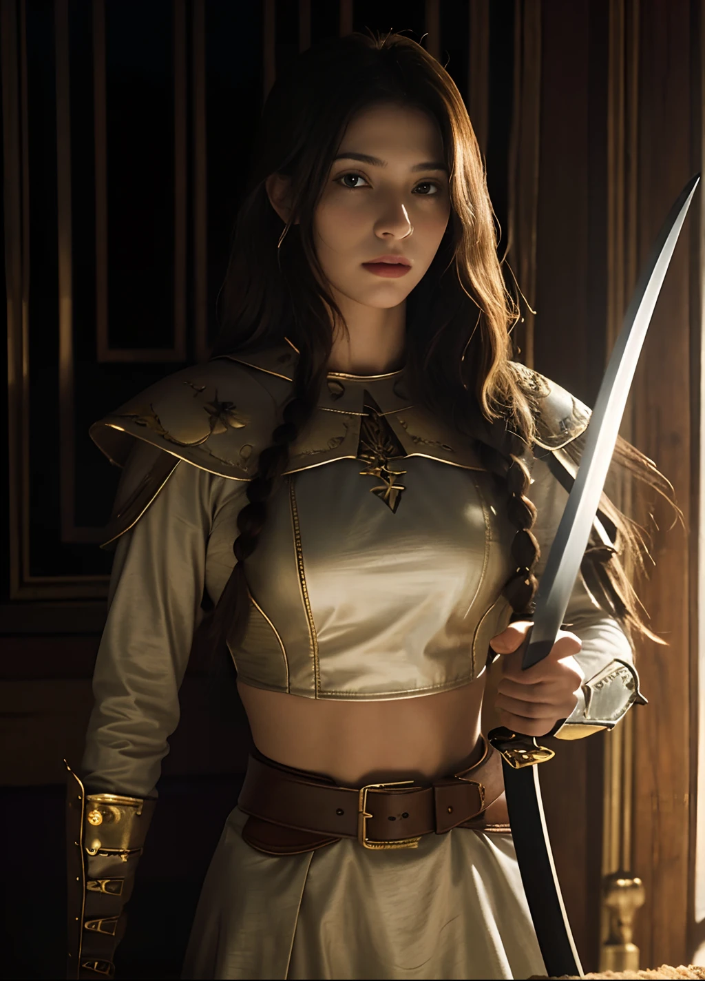 （best illustration）A beautiful young female warrior，cabellos largos dorados,holding a longsword，Dark horse