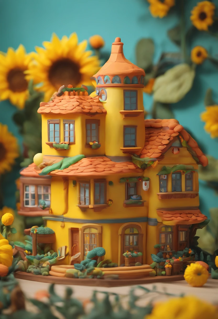 Sunflower House Gloria Studio, The garden is full of sunflowers, Clay material, Cartoon design style, pop mart, Soft lighting, Smooth lines, tilt shift lens, Detailed science fiction illustration, Hyper-realistic details, warm color