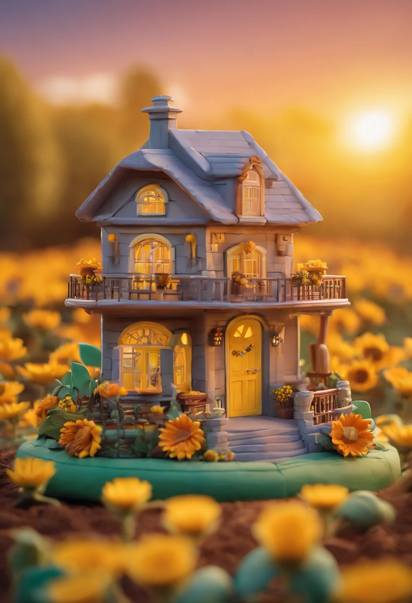 Sunflower House Gloria Studio, The garden is full of sunflowers, Clay material, Cartoon design style, pop mart, Soft lighting, Smooth lines, tilt shift lens, Detailed science fiction illustration, Hyper-realistic details, warm color