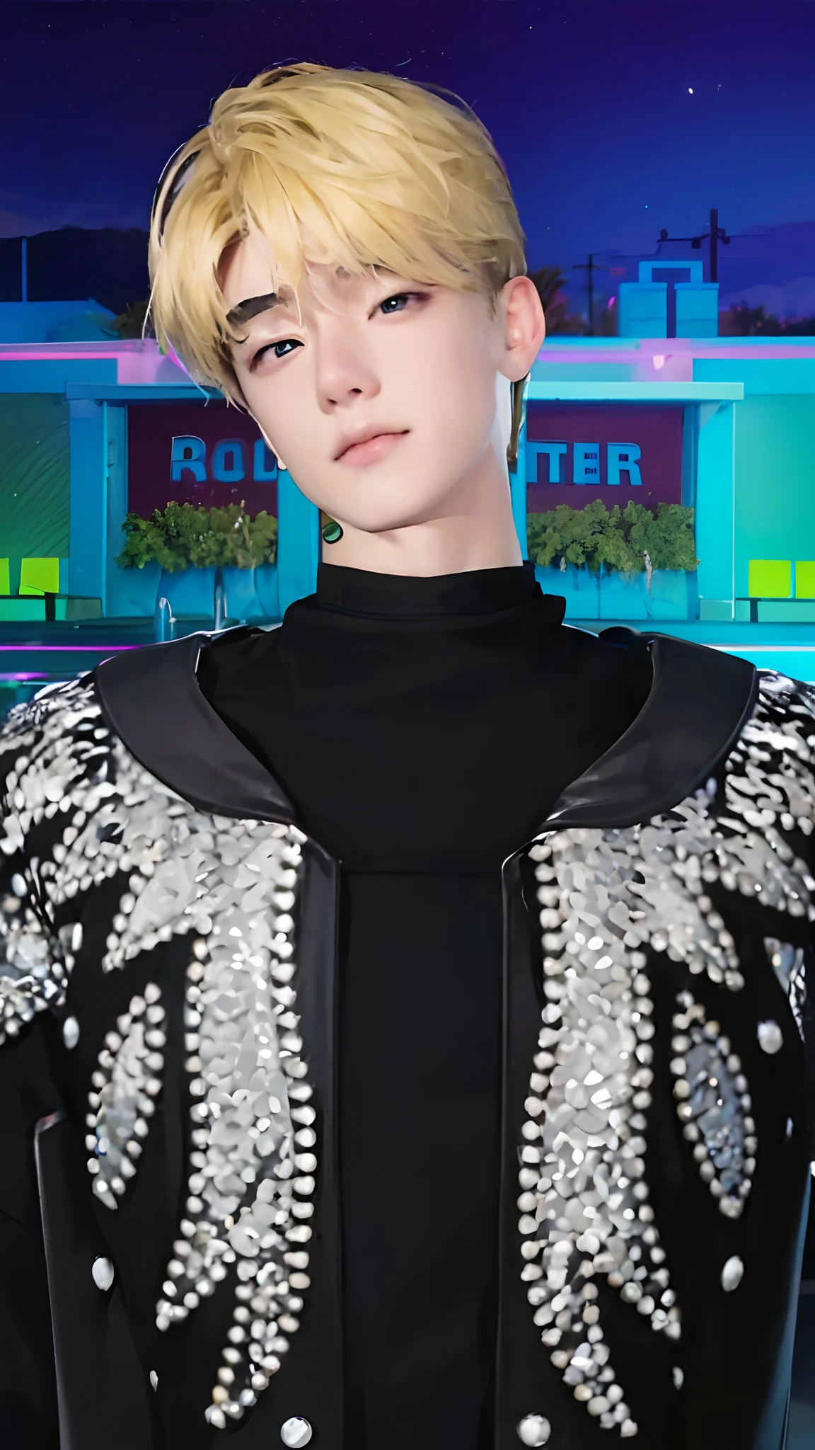 Realistic male with yellow hair and black eyes wearing a black jacket, ultra high quality, realistic, too handsome