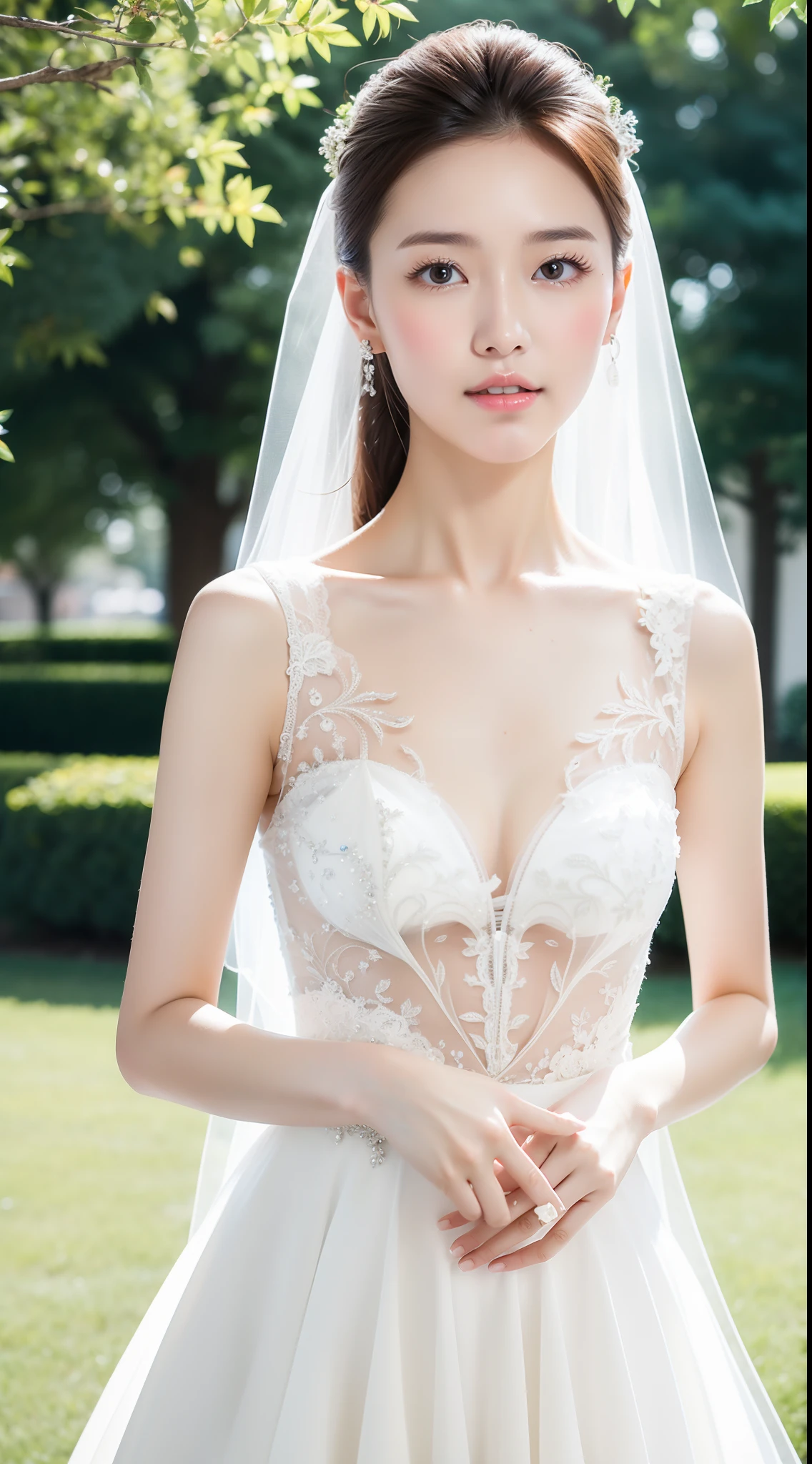 Ultra-clear resolution,top Quority,Wonderful young girl,ear studs,Clear eyes,plain face,Gloss on lips,s the perfect face,White skin,Perfect chest,Slender legs,Tight wedding dress,high-heels,great outdoors