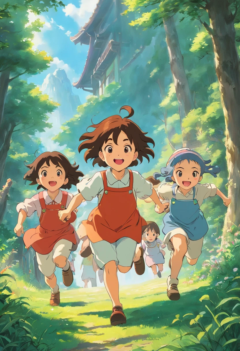 A group of playmates chasing childhood,Exquisite facial features,delicated face,ssmile,Randomly close your eyes and open them,Random actions