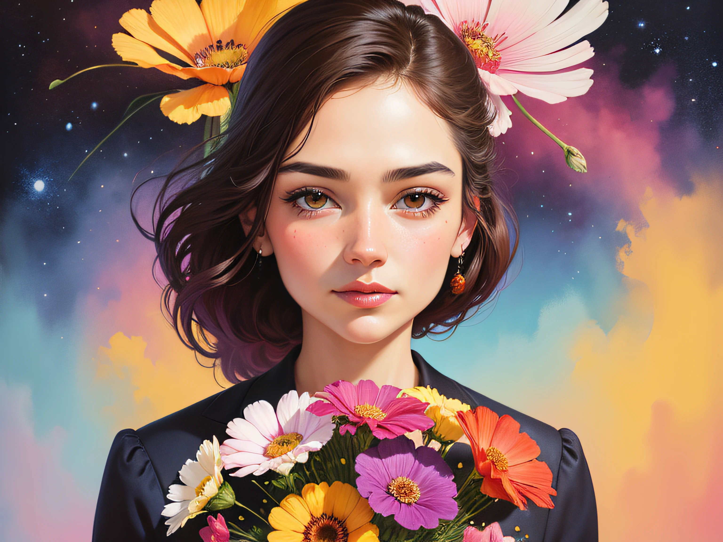 bouquet of cosmos flowers，colorful，Close-up, masterpiece art work, splash watercolor painting,by Casey Weldon,