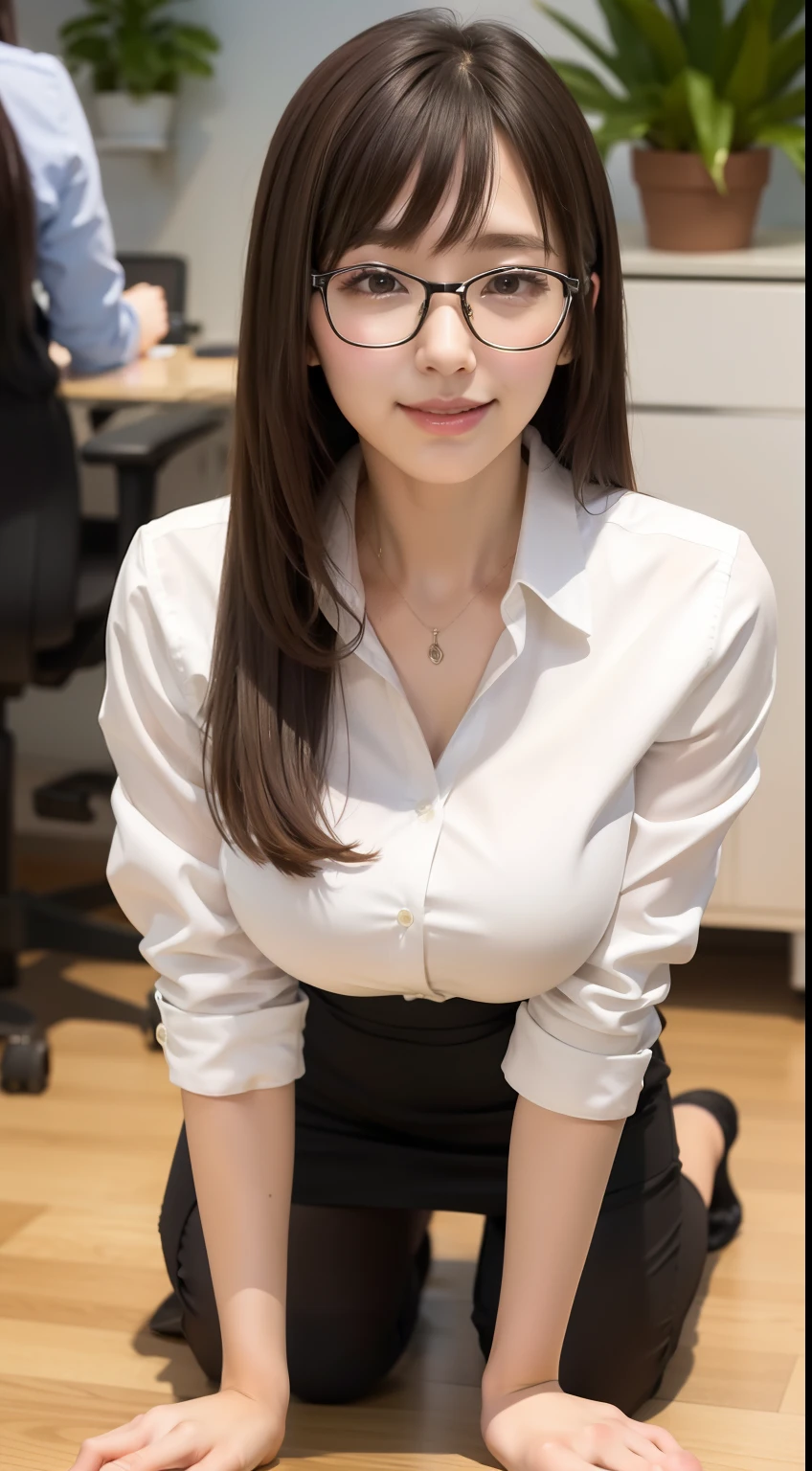 （1个Giant Breast Girl，tmasterpiece，best qualtiy，ultra - detailed，illustratio，Fine and detailed eyes and detailed face）garments：Suit pants，Tight white blouse，Vera， allure：Neat low bun short black hair，Natural makeup，（Purple eye：1.05），White glasses，Wide buttock，medium boob，Cleavage is seductive，maternal，at_The_vd_Office，looking at viewert，curvy build，Raised sexy，full bodyesbian，Madam CEO，（a matural female，A MILF：1.1），独奏，（curves：1.1），熟妇， Modern office background，