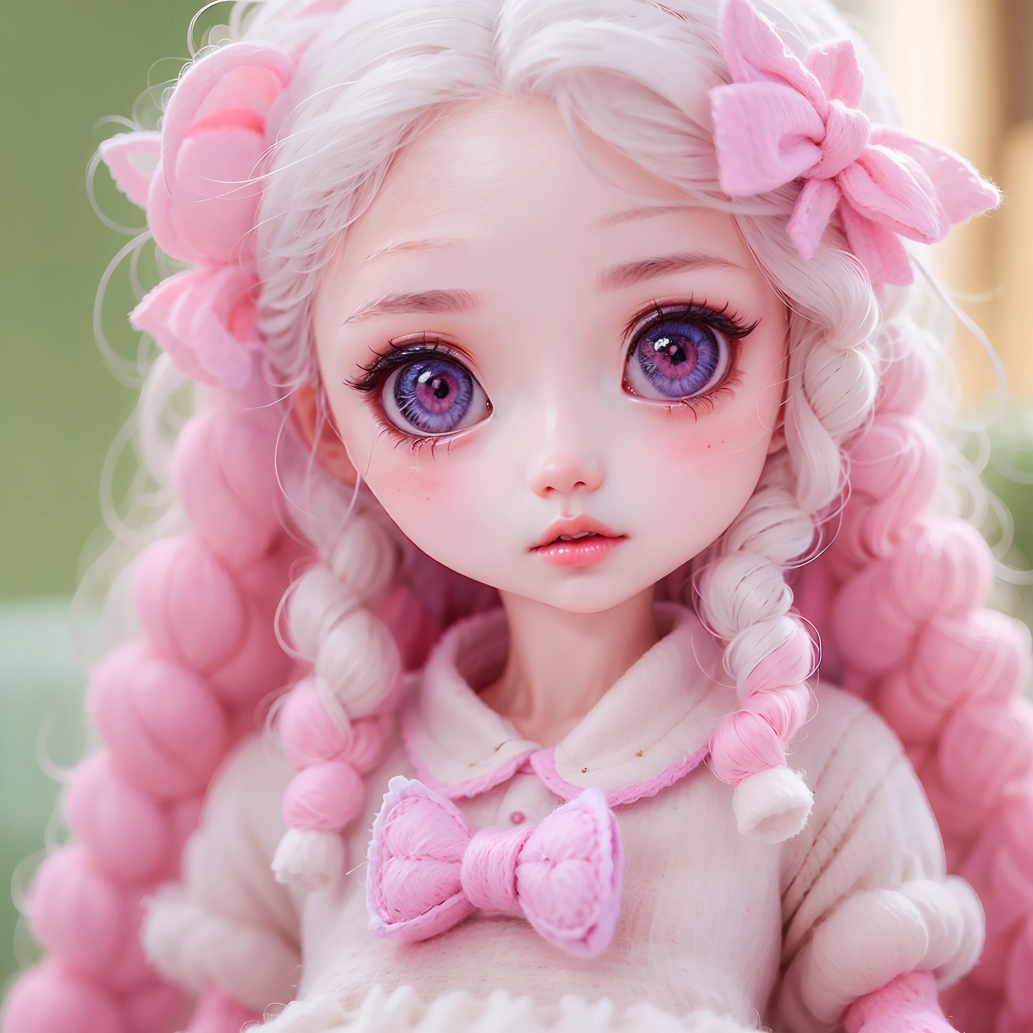 wool felt，felt，Plush ，adolable，Masterpiece, Best quality, Super detailed, illustration, Beautiful eyes, Close up, A girl. It is white hair, Pink bow, White pajamas.