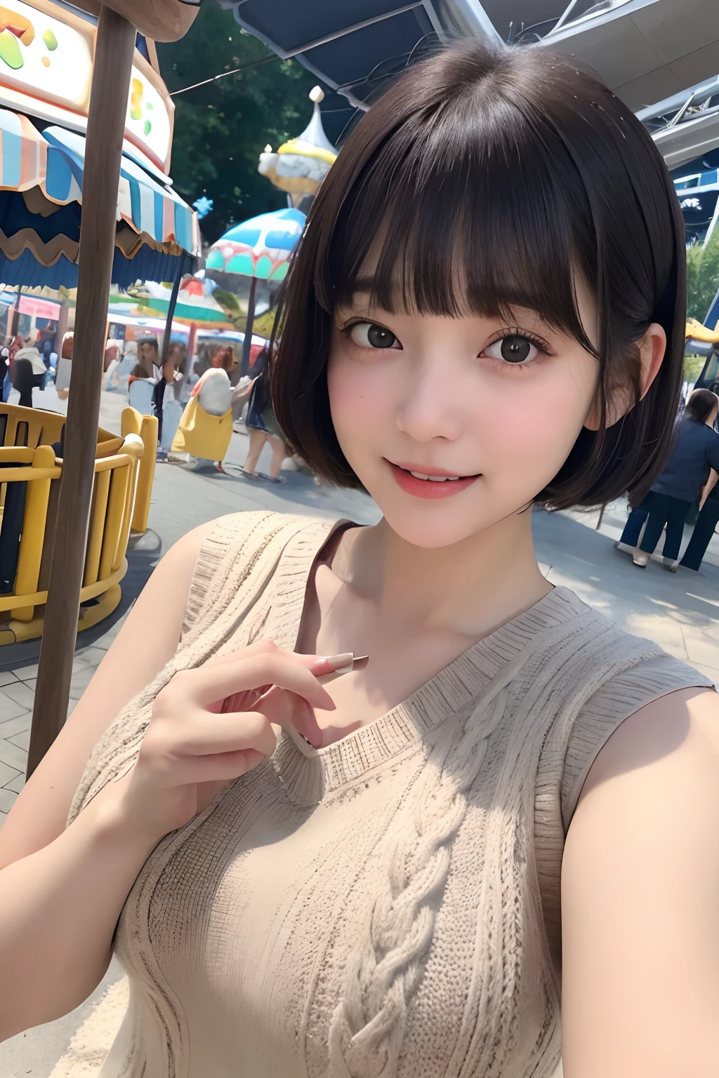 Photo Real、photoRealstic、girl1 A dark-haired、short-hair、Blunt bangs with round face、drooing eyes、a Laughing expression、Facial expressions to enjoy、Have fun Beige oversized knit vest Soft thighs、breastsout、upper arm Background with、An amusement park