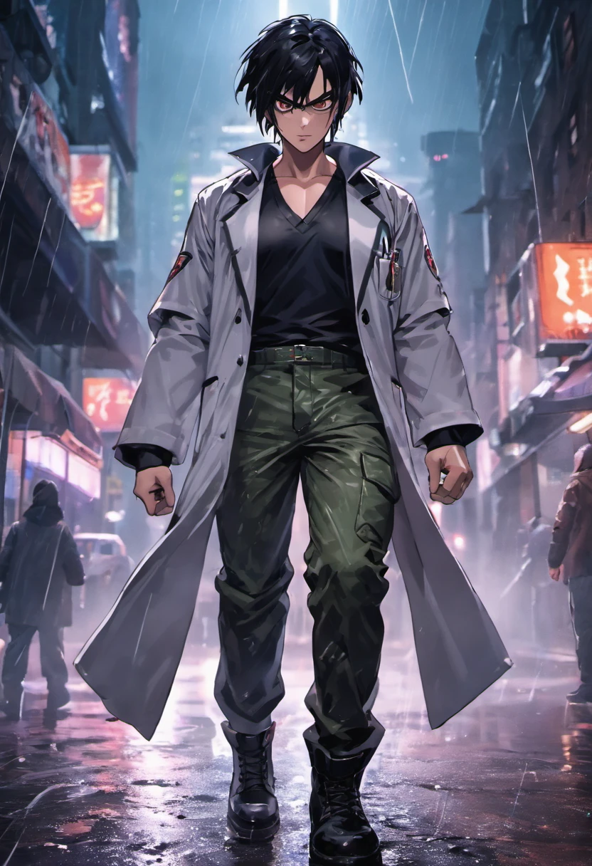 Close-up photos, Man with black hair and partly white hair, Doctor lab coat over black V-neck T-shirt,Wearing camouflage pants and black military boots, On a rainy street at night, Photorealistic, Cinematic lighting