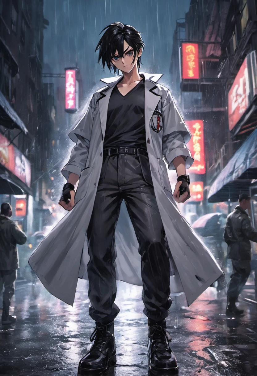 Close-up photos, Partially white highlights with black hair, Doctor's lab coat over black V-neck T-shirt,Wearing camouflage pants and black military boots, In the rainy city at night, Photorealistic, Cinematic lighting