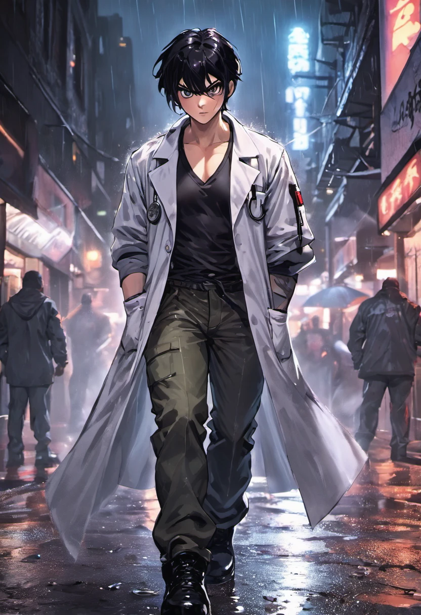 Close-up photos, Partially white highlights with black hair, Doctor's lab coat over black V-neck T-shirt,Wearing camouflage pants and black military boots, In the rainy city at night, Photorealistic, Cinematic lighting