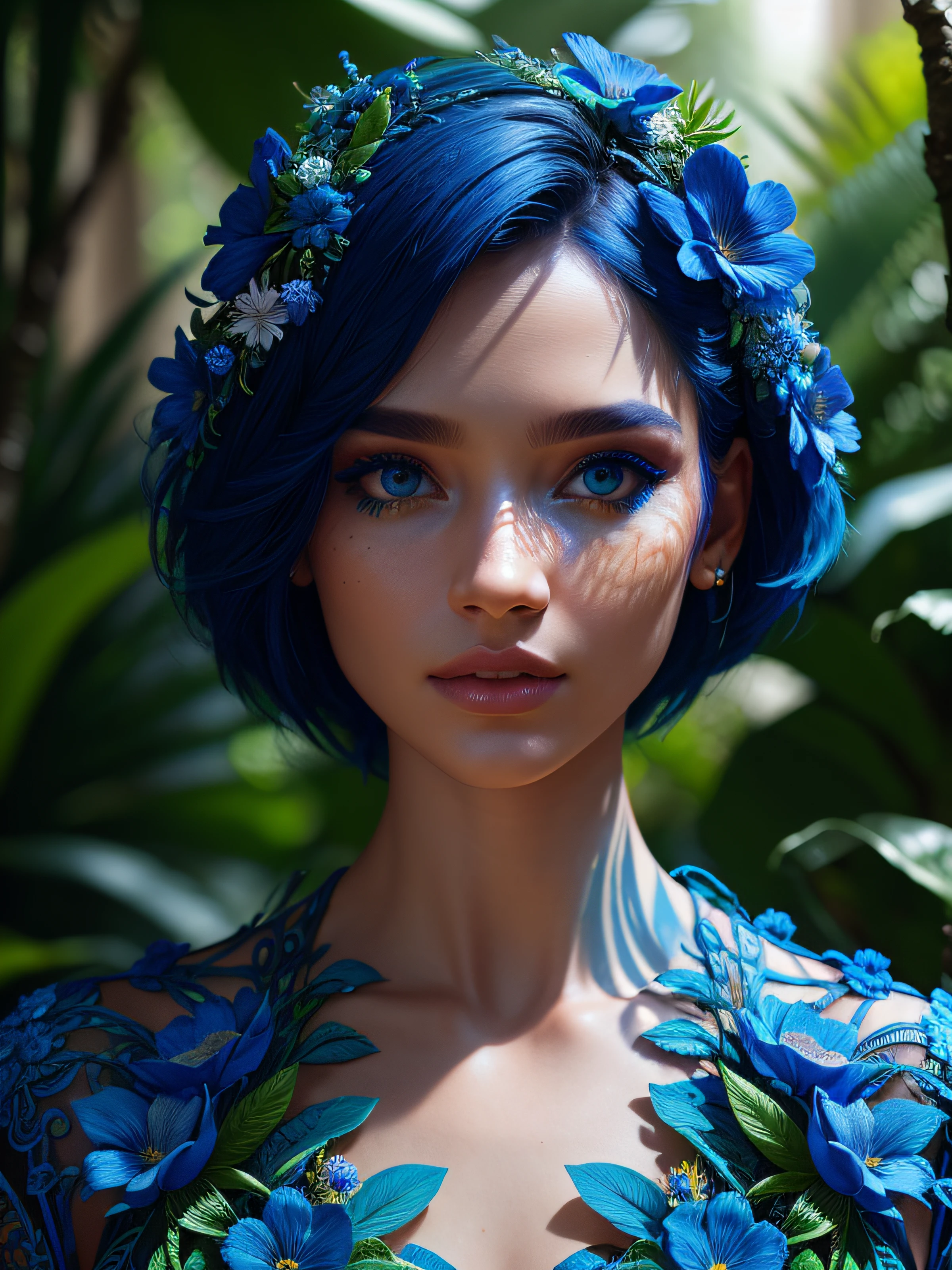 fashion photography portrait of blue human avatar, in blue lush jungle with flowers and birds, 3d render, cgi, symetrical, octane render, 35mm, bokeh, 9:16, (intricate details:1.12), hdr, (intricate details, hyperdetailed:1.15), (natural skin texture, hyperrealism, soft light, sharp:1.2)