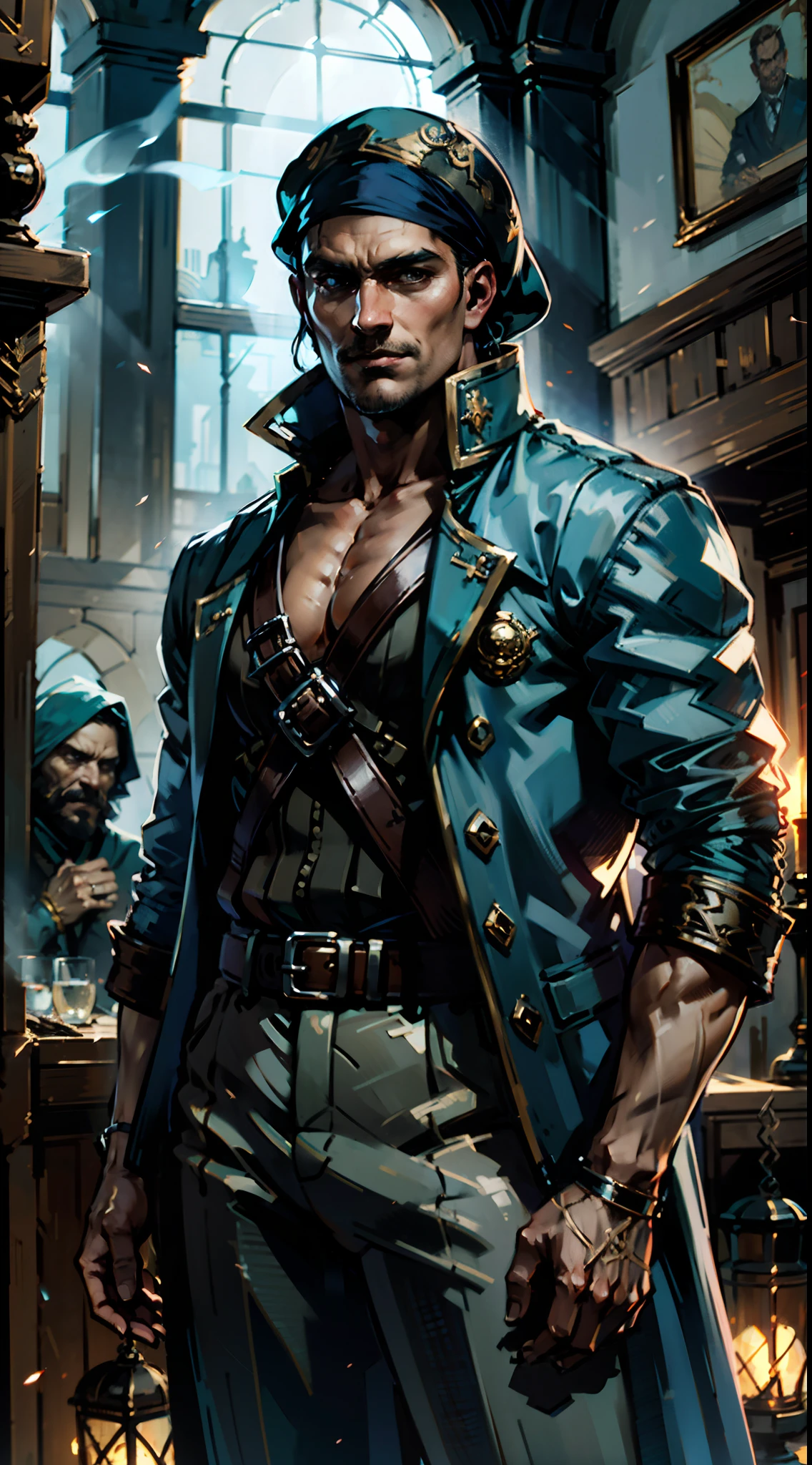 A man with short aqua-blue hair, wearing a headscarf, a fearless gaze, a playful smile, a confident demeanor, he has distinct facial features, he wears a two-piece fantasy pirate outfit, wears a black tight-fitting shirt underneath, a loose sky-blue coat over it, a ghostly face emblem belt, loose fabric pants, stands within a bustling fantasy medieval tavern, this character embodies a finely crafted fantasy-style pirate in anime style, characterized by an exquisite and mature manga illustration art style, high definition, best quality, highres, ultra-detailed, ultra-fine painting, extremely delicate, professional, anatomically correct, symmetrical face, extremely detailed eyes and face, high quality eyes, creativity, RAW photo, UHD, 8k, Natural light, cinematic lighting, masterpiece:1.5