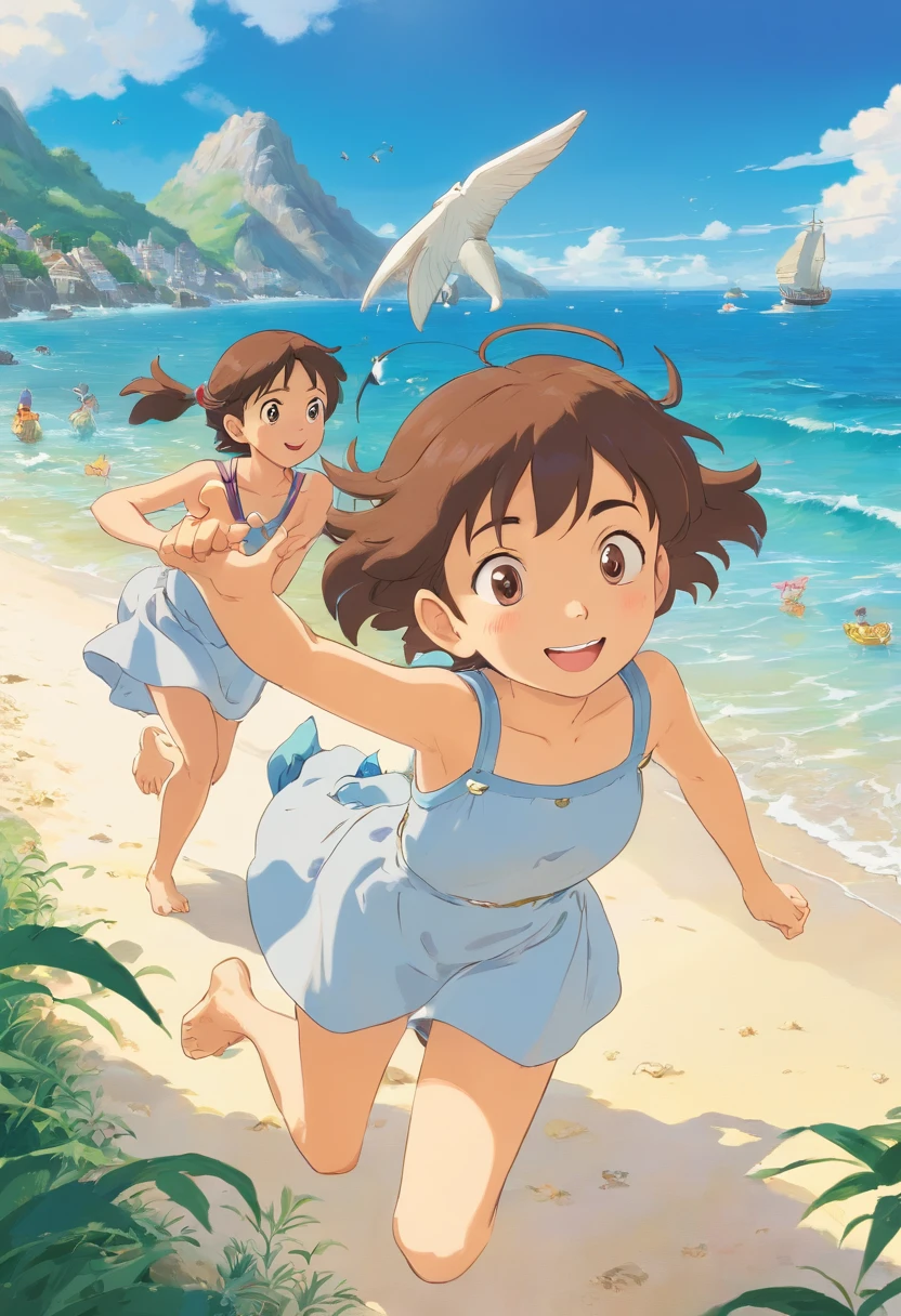 A group of playmates chasing childhood,Exquisite facial features,delicated face,ssmile,Randomly close your eyes and open them,Random actions,Happy childhood,change,Covered with shells,starfish,The sandy beach of the conch