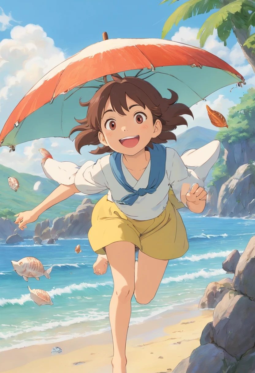 A group of playmates chasing childhood,Exquisite facial features,delicated face,ssmile,Randomly close your eyes and open them,Random actions,Happy childhood,change,Covered with shells,starfish,The sandy beach of the conch