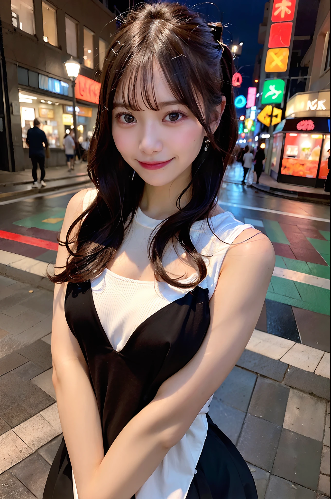 (top-quality、8K、32K、masuter piece、nffsw:1.2)、profile、(slim figure:1.2)、(s lips) 、age19、kawaii pose、Incredibly ridiculous、(Neon Street at Night:1.3)、Pink light、Colossal tits、二重まぶた、shinny skin、Realistic rays、mare、beauitful face、(A smile:1.3)、crouching down、(From above:1.2)、(a closeup:1.4)、blurry backround、(Front Focus)、(Dark: 1.6)、Fantasy Art、photoRealstic、Professional Lighting、extra detailed face、Award-winning、deep-shadows