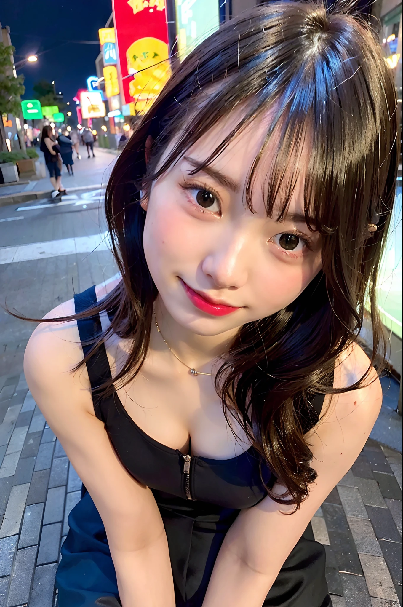 (top-quality、8K、32K、masuter piece、nffsw:1.2)、profile、(slim figure:1.2)、(s lips) 、age19、kawaii pose、Incredibly ridiculous、(Neon Street at Night:1.3)、Pink light、Colossal tits、二重まぶた、shinny skin、Realistic rays、mare、beauitful face、(A smile:1.3)、crouching down、(From  above:1.2)、(a closeup:1.4)、blurry backround、(Front Focus)、(Dark: 1.6)、Fantasy Art、photoRealstic、Professional Lighting、extra detailed face、Award-winning、deep-shadows