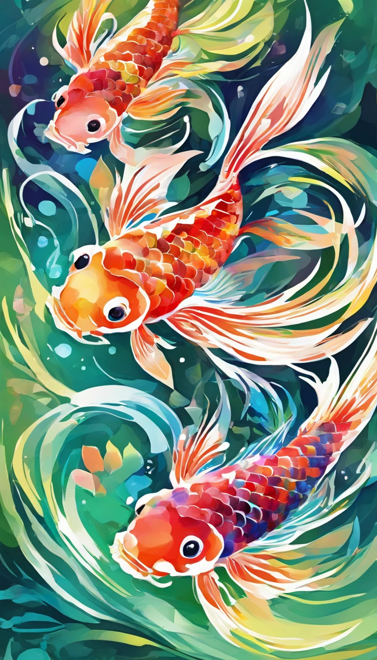 Koi,Colorful fish 3d watercolor abstraction,Dark background,very high res,High quality,Colorful,Green,Red,Blue