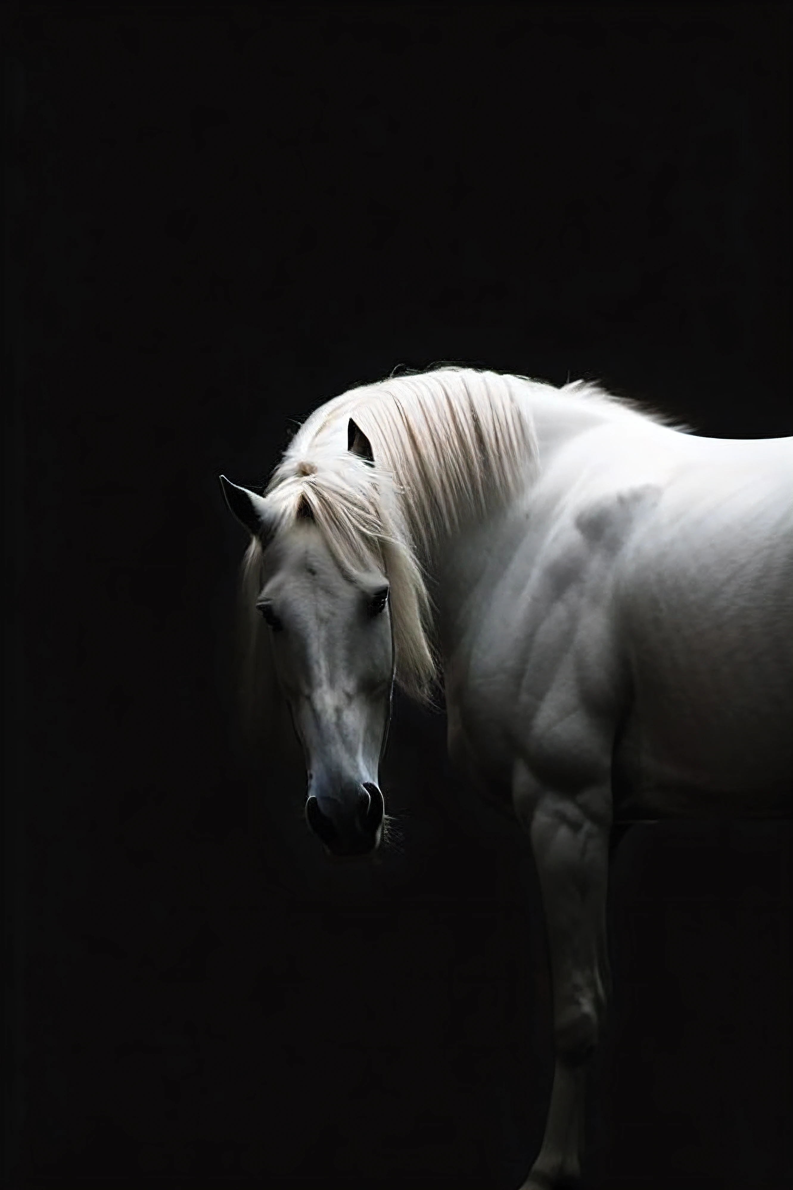Arakfi in the dark,The image of the horse is blurry, author:Elmir de Horry, an all white horse, half horse, White horse, cavalos, beautiful serene horse, flora borsi, author:Muriel Brandt, albert watson, author:Shinji Aramaki, photography of albert watson, Bella Naji Abdi