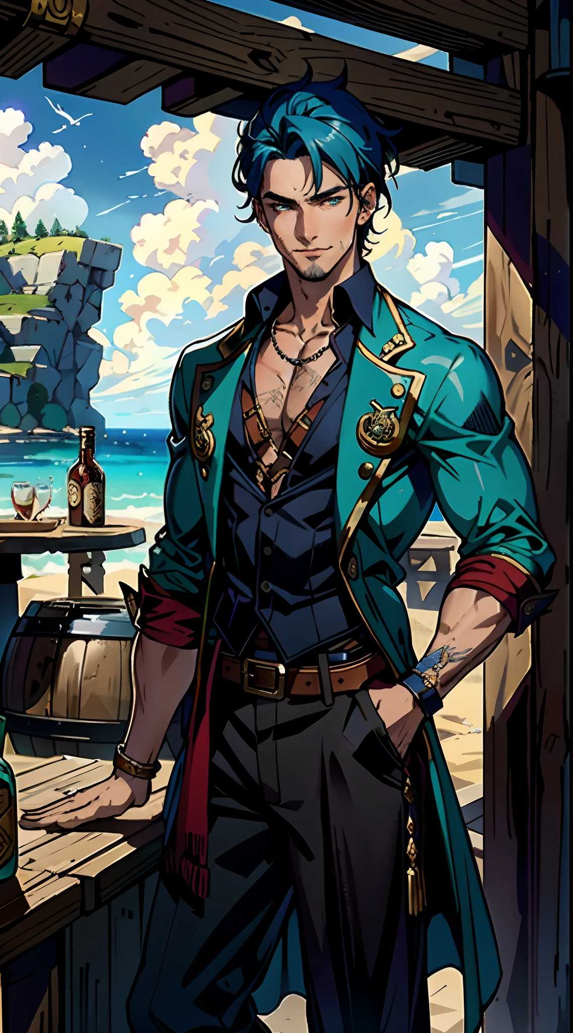 A man with short aqua-blue hair, wearing a headscarf, a fearless gaze, a playful smile, a confident demeanor, he has distinct facial features, he wears a two-piece fantasy pirate outfit, wears a black tight-fitting shirt underneath, a loose sky-blue coat over it, a ghostly face emblem belt, loose fabric pants, stands within a bustling fantasy medieval tavern, this character embodies a finely crafted fantasy-style pirate in anime style, characterized by an exquisite and mature manga illustration art style, high definition, best quality, highres, ultra-detailed, ultra-fine painting, extremely delicate, professional, anatomically correct, symmetrical face, extremely detailed eyes and face, high quality eyes, creativity, RAW photo, UHD, 8k, Natural light, cinematic lighting, masterpiece:1.5