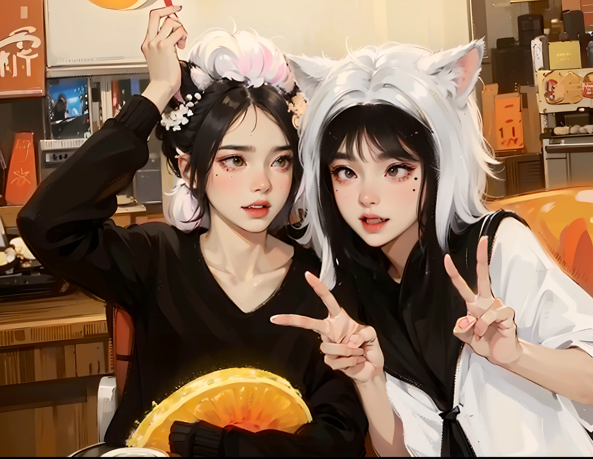 hair bobbles, fake animal ears, ear blush, fang, silver hair, messy hair, mole under eye, cat ears, anaglyph, stereogram, tachi-e, pov, atmospheric perspective, depth of field, modern, modern, anime, 8k, super detail, ccurate, best quality, 4K
