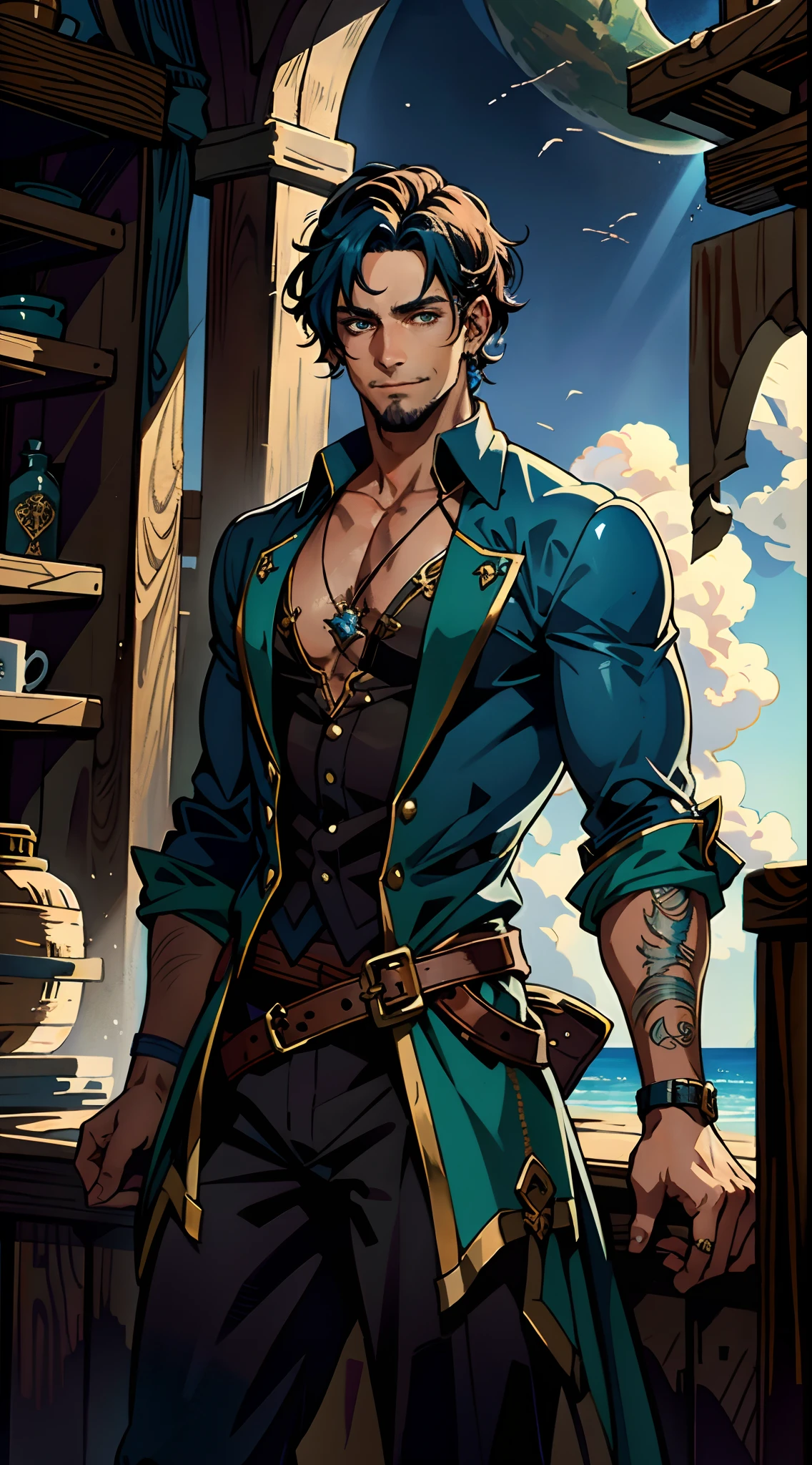 A man with short aqua-blue hair, wearing a headscarf, a fearless gaze, a playful smile, a confident demeanor, he has distinct facial features, he wears a two-piece fantasy pirate outfit, wears a black tight-fitting shirt underneath, a loose sky-blue coat over it, a ghostly face emblem belt, loose fabric pants, stands within a bustling fantasy medieval tavern, this character embodies a finely crafted fantasy-style pirate in anime style, characterized by an exquisite and mature manga illustration art style, high definition, best quality, highres, ultra-detailed, ultra-fine painting, extremely delicate, professional, anatomically correct, symmetrical face, extremely detailed eyes and face, high quality eyes, creativity, RAW photo, UHD, 8k, Natural light, cinematic lighting, masterpiece:1.5