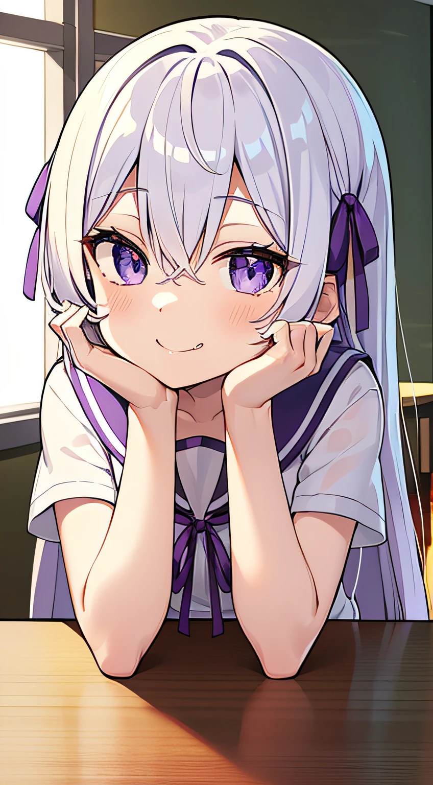 ((Cute li)), ((purple eyes)), (Long hair), ((white hair)), (((straight hair))), hair between eyes, ((Purple ribbon)), flat chest, (serafuku), white kneehighs, smile, fang, (headrest), looking at the viewer, classroom, (masutepiece:1.2), Best Quality, High resolution, Unity 8k wallpaper, (Illustration:0.8), (Beautiful detailed eyes:1.6), extra detailed face, Perfect Lighting, anime style, upper body
