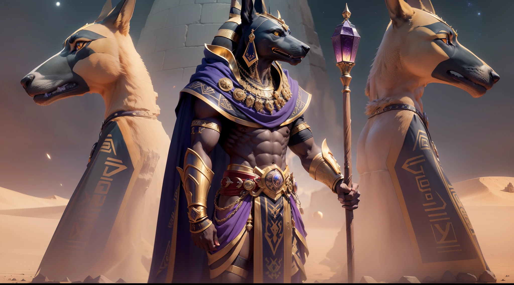(masterpiece a man Extremly good full body Anubis stand with your head straight 16K Amazing Quality), (Amazing extremly defenition high quality detailed Resolution face of Anubis, extremly eyes, detailed clothes 4K, wonderfull hold the stick), masterpice a mysterious night in a desert with pyramids in the background, full moon, (Side Grading Ray ultra violet extremly high resolution 16K Quality)