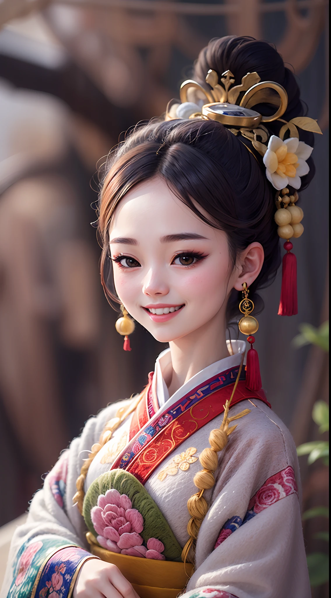 wool felt，felt，Plush ，adolable，Masterpiece, Best quality, Super detailed, illustration, 1 woman, 21 years old, Beautiful eyes, Close up, Smile,  TRADITIONAL CHINESE COSTUMES,