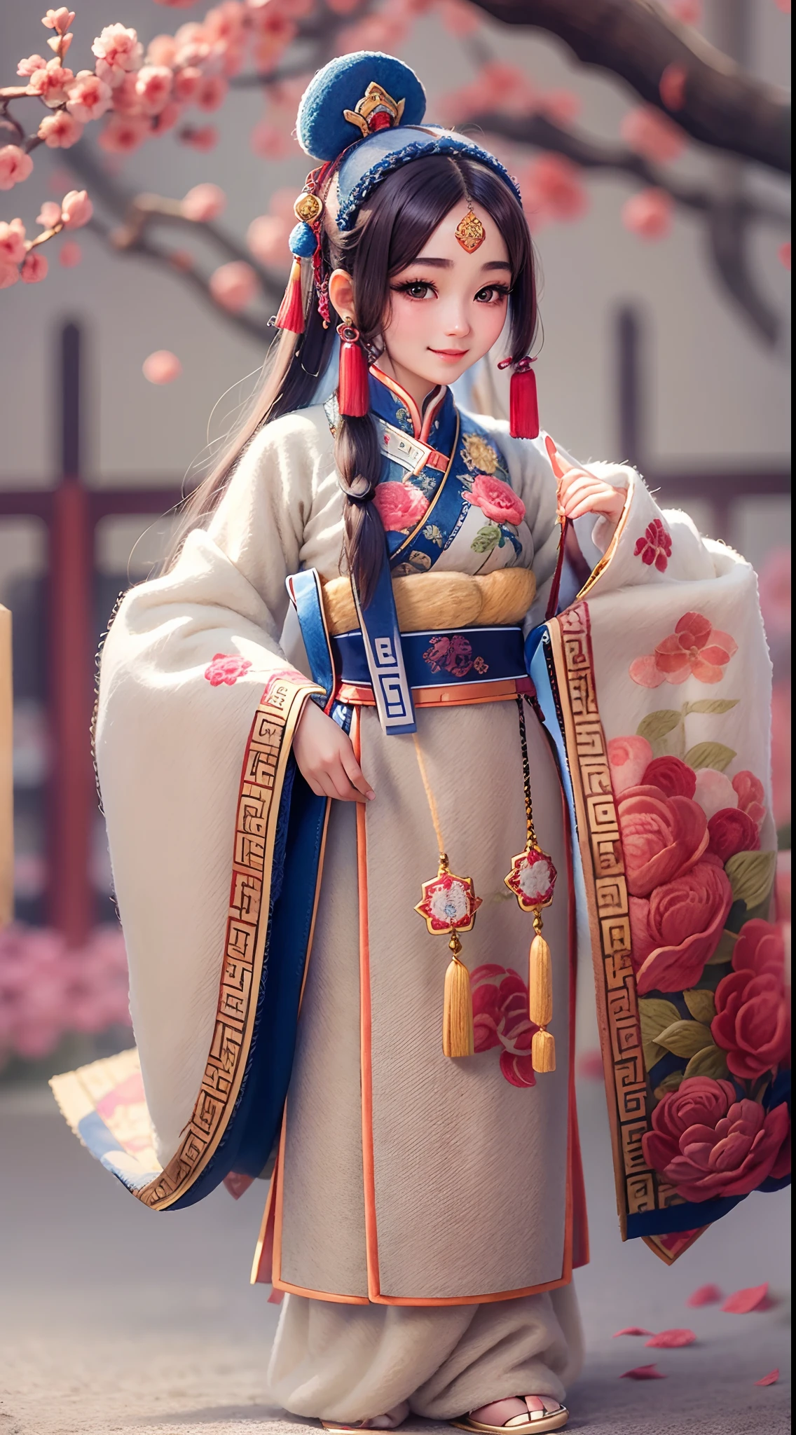 wool felt，felt，Plush ，adolable，Masterpiece, Best quality, Super detailed, illustration, 1 woman, 21 years old, Beautiful eyes, Close up, Smile,  TRADITIONAL CHINESE COSTUMES,