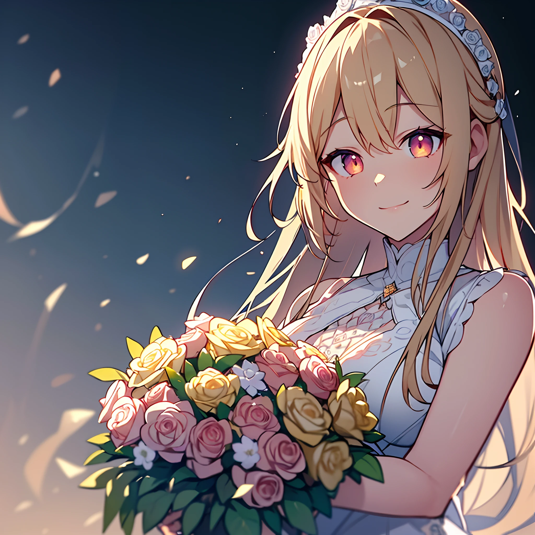 masterpiece、Thick contour lines、Double contour、hiquality、watercolor paiting、Upper body pickup、Very pretty girl、blondehair、Angel Cuticle、A beautiful dress based on white, yellow and black、Fashion Model Dresses、A gentle smile that makes you feel relieved、Filled with glittering gems、Realistic and beautiful eyes、Red eyes、heroine、Transparent and glowing eyes、With luxurious bouquet、roses, carnation, etc.々Bouquet made of flowers、Realistic and beautiful traditional white porcelain castle on background、Realistic background depiction、Threads of light falling from the sky、Lively background depiction、Finely written background、Very elaborate background、