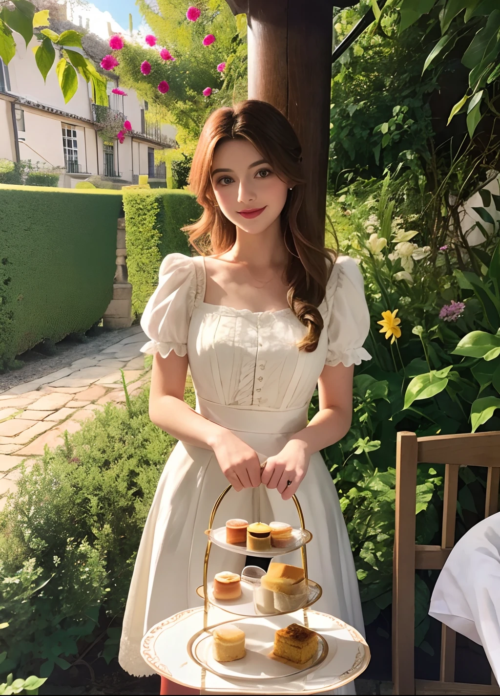 best illustration，Beautiful young hostess，cabellos largos dorados, Afternoon tea is prepared in the garden