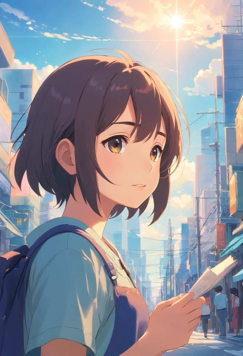 A boy,A friend a girl she hasn't seen in years,Memories flood into your head,His face was filled with emotions he hadn't seen in years。。。,Take the letter literally,Exquisite facial features,delicated face,with blue sky and white clouds