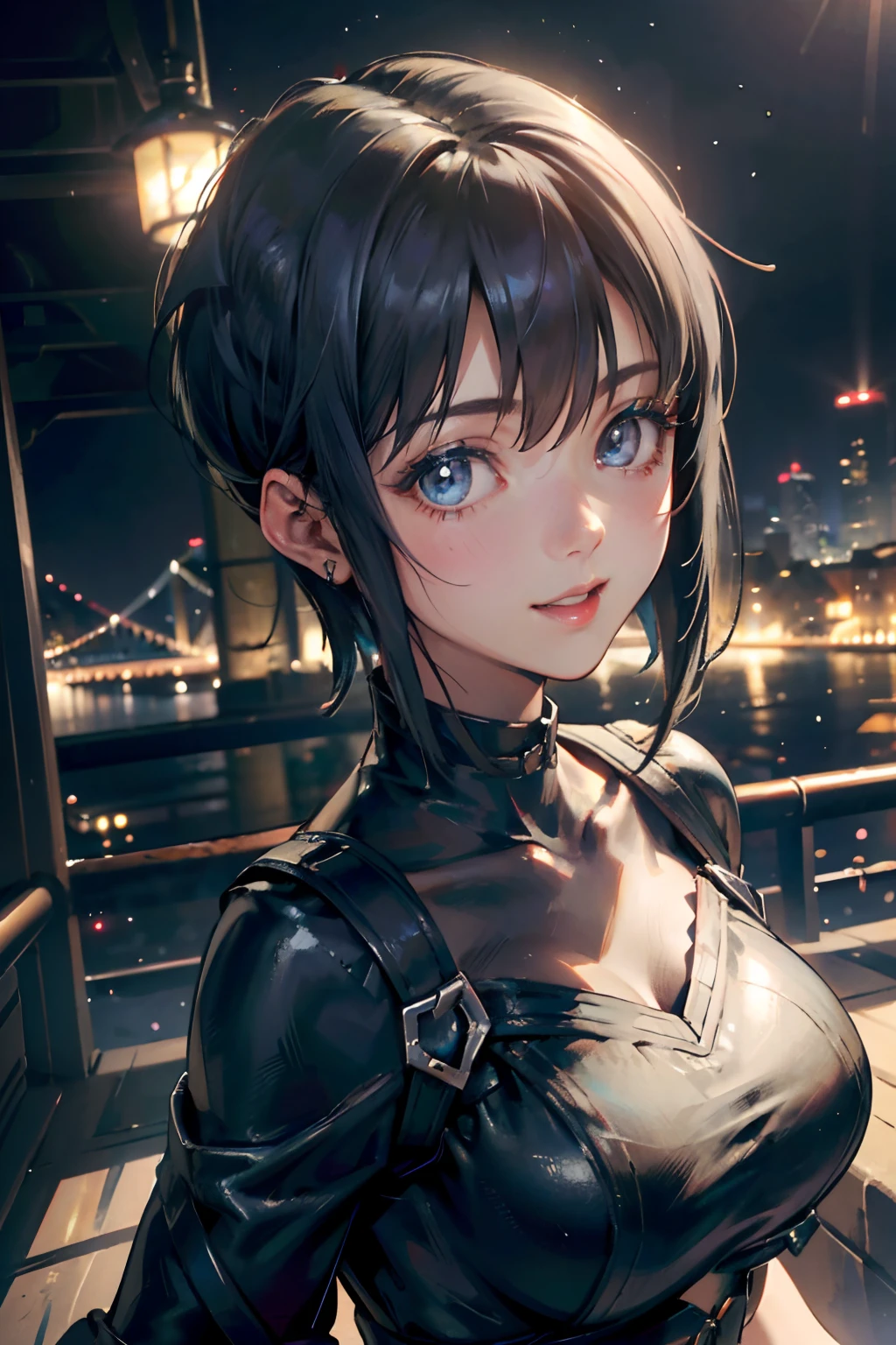 a 20 yo woman、Black blue Hair、Bery short hair、Big smile、(hi-top fade:1.3)、dark themed、Muted Tones、Subdued Color、highly contrast、(natural skin textures、Hyper-Realism、Soft light、sharp)