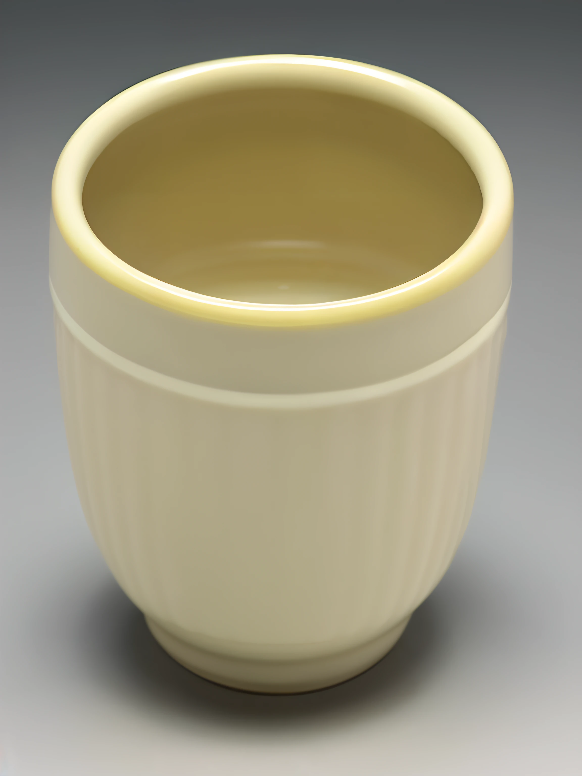 Pale yellow ceramic coffee cup,Hand-held cup pattern,The surface of the ceramic is engraved with a lotus petal pattern,Plain white background image,The bottom of the cup has a ring of protruding surfaces,Rendering is detailed and realistic,There is a circle of engraving marks on the surface of the ceramic cup