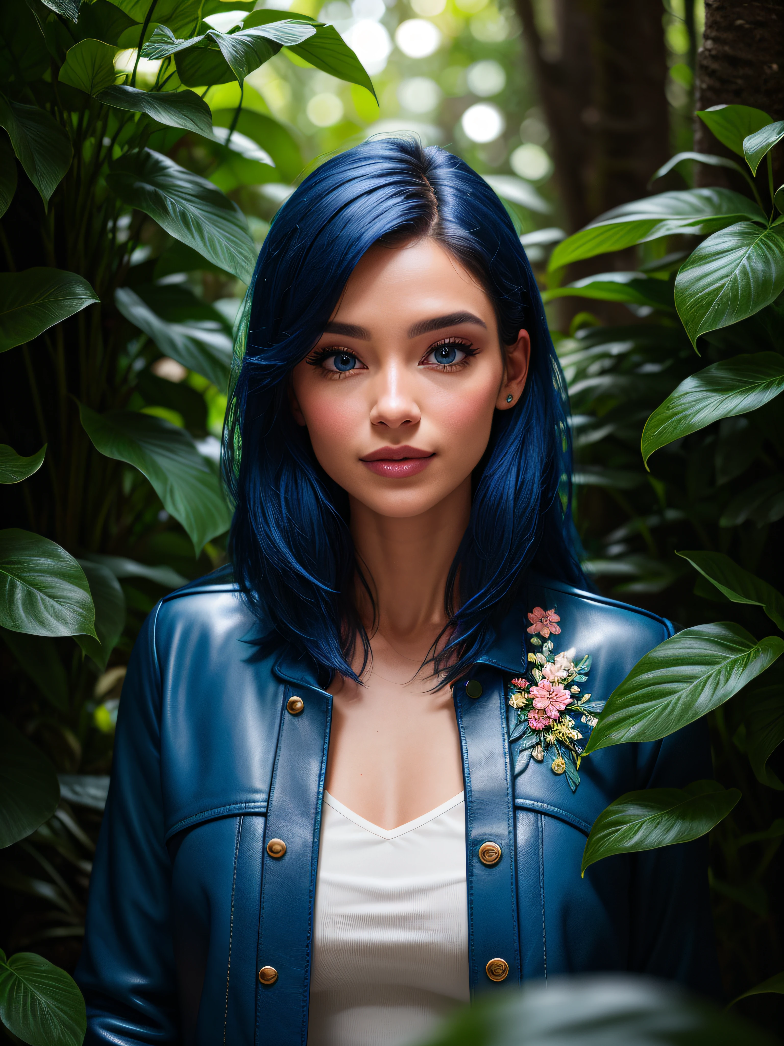 Fashion Photography Portrait of a 25 Year Old Girl, In the blue lush jungle with flowers and birds, 3d визуализация, cgi, symetrical, octane render, 35 mm, bokeh, 9:16, (Complicated details: 1.12), hdr, (Complicated details, hyper-detailing: 1.15), (Natural leather texture, hyper realisitc, soft light, sharpness: 1.2)