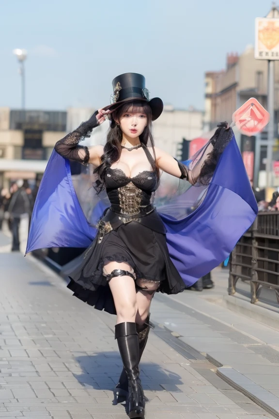 Young woman in steampunk fashion、Good Style、、Black clothes、、Idol face、large full breasts、Phantom thief fashion in miniskirts、Black top hat