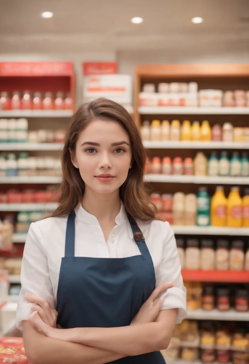 A young woman, clad in a crisp cashier’s uniform, stands poised behind the counter of a bustling store. The shelves behind her are laden with an array of products, creating a colorful backdrop