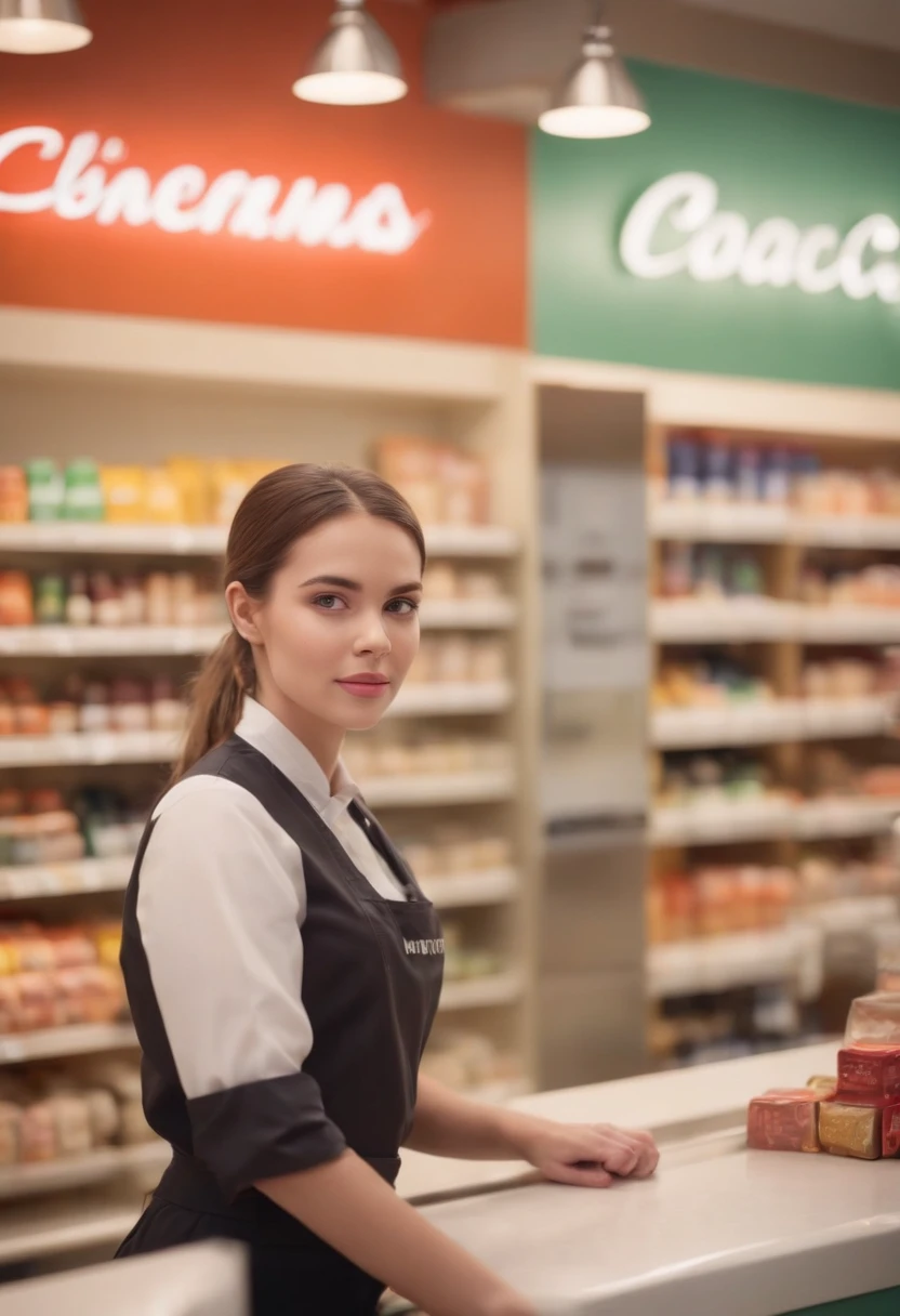 A young woman, clad in a crisp cashier’s uniform, stands poised behind the counter of a bustling store. The shelves behind her are laden with an array of products, creating a colorful backdrop