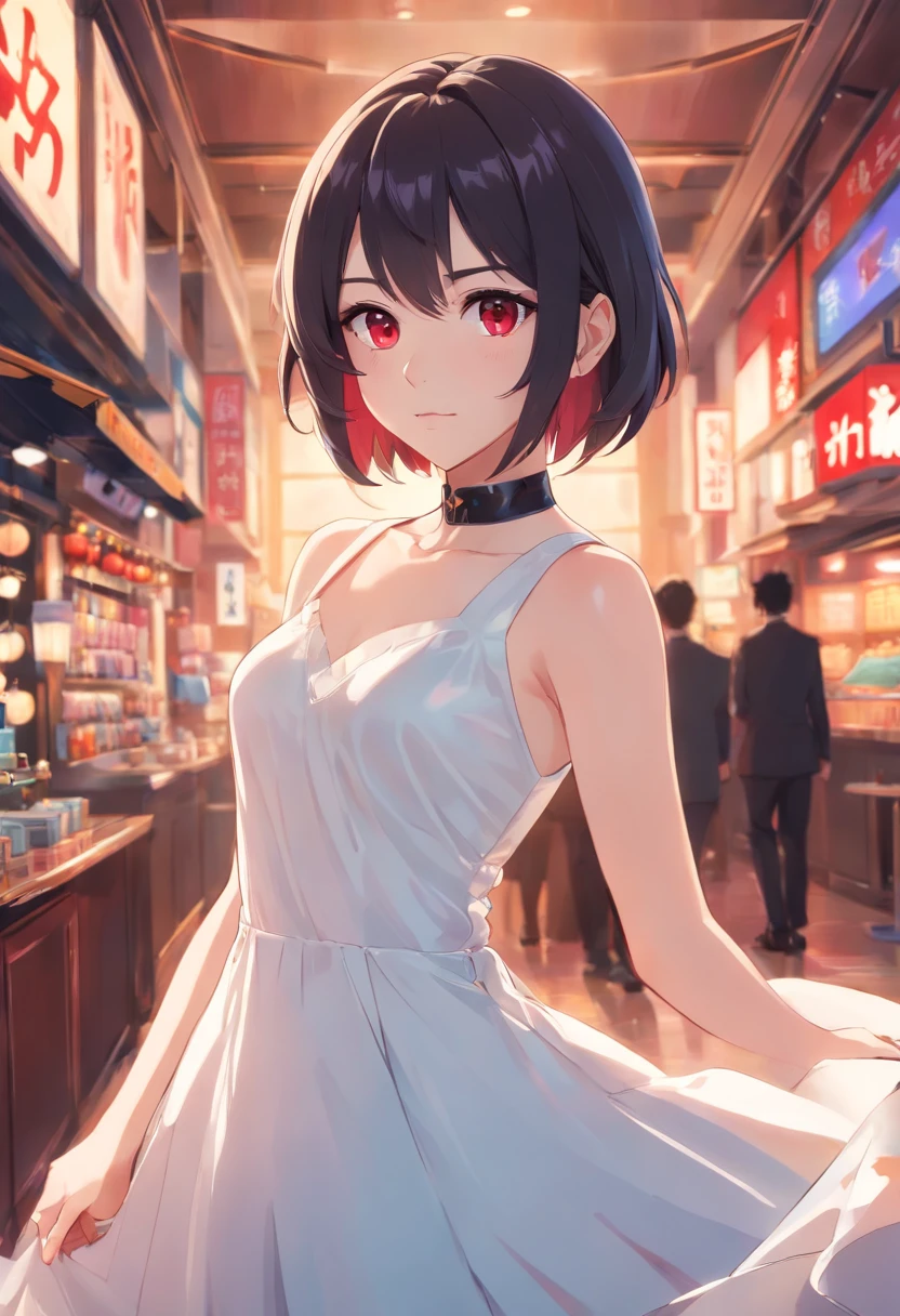 Detailed caricature, Young white girl with black straight hair and crimson eyes, White porcelain leather, full bodyesbian, Room with white prom dress, high high quality, high resolution, 8K, hdd, (Well-designed body), amazing body, (Super detailed), beautidful eyes, ultra - detailed, Super Elista