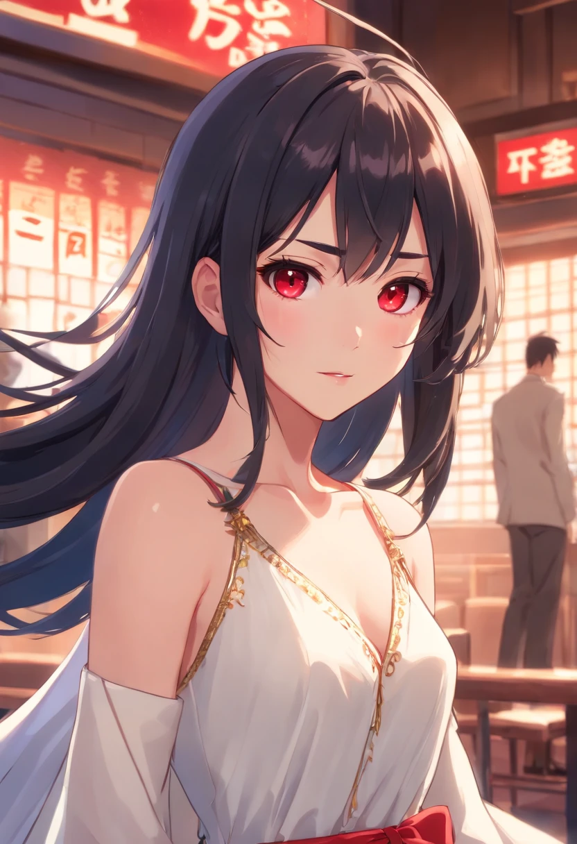 Detailed caricature, Young white girl with black straight hair and crimson eyes, White porcelain leather, full bodyesbian, Room with white prom dress, high high quality, high resolution, 8K, hdd, (Well-designed body), amazing body, (Super detailed), beautidful eyes, ultra - detailed, Super Elista