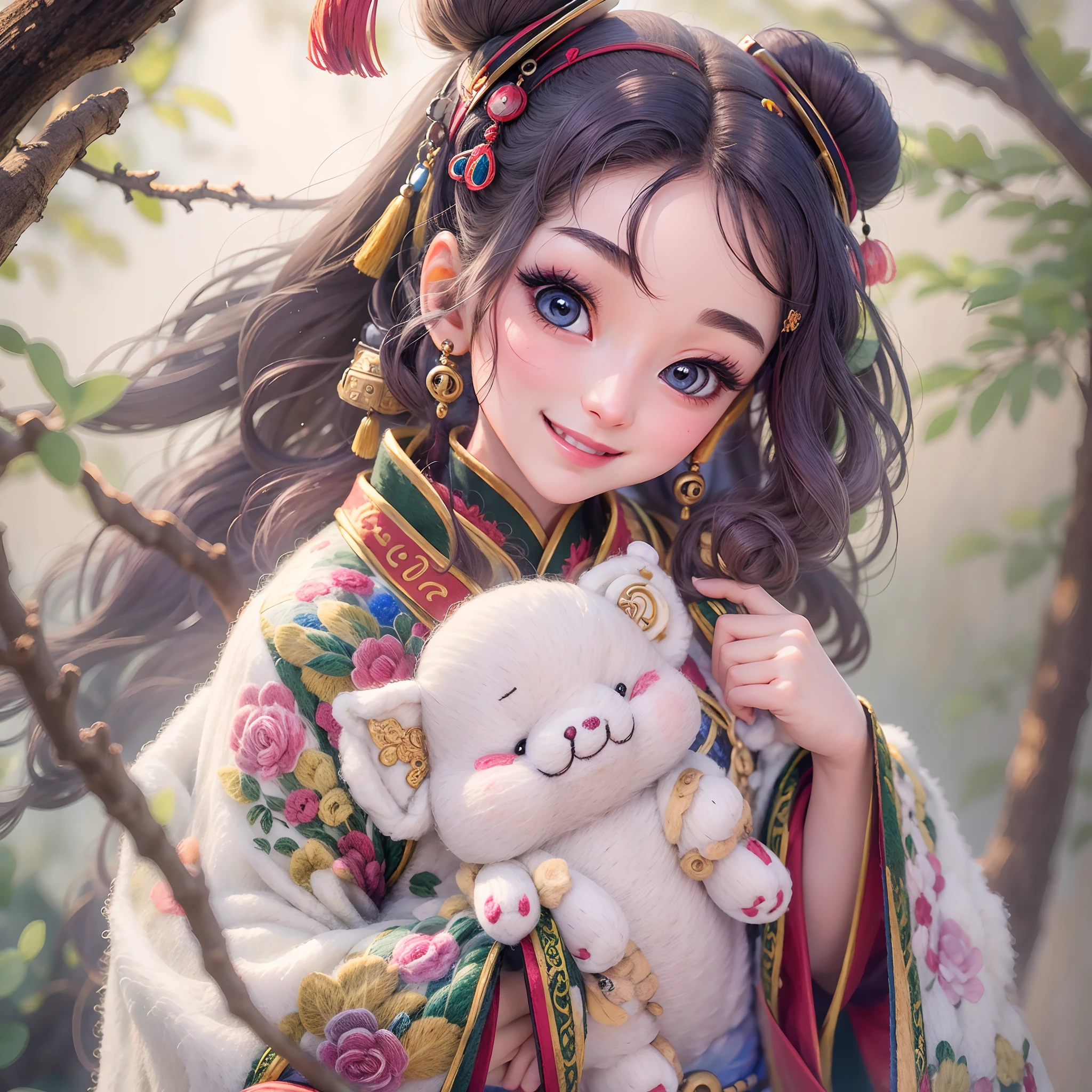 wool felt，felt，Plush ，adolable，Masterpiece, Best quality, Super detailed, illustration, 1 woman, 21 years old, Beautiful eyes, Close up, Smile, TRADITIONAL CHINESE COSTUMES,