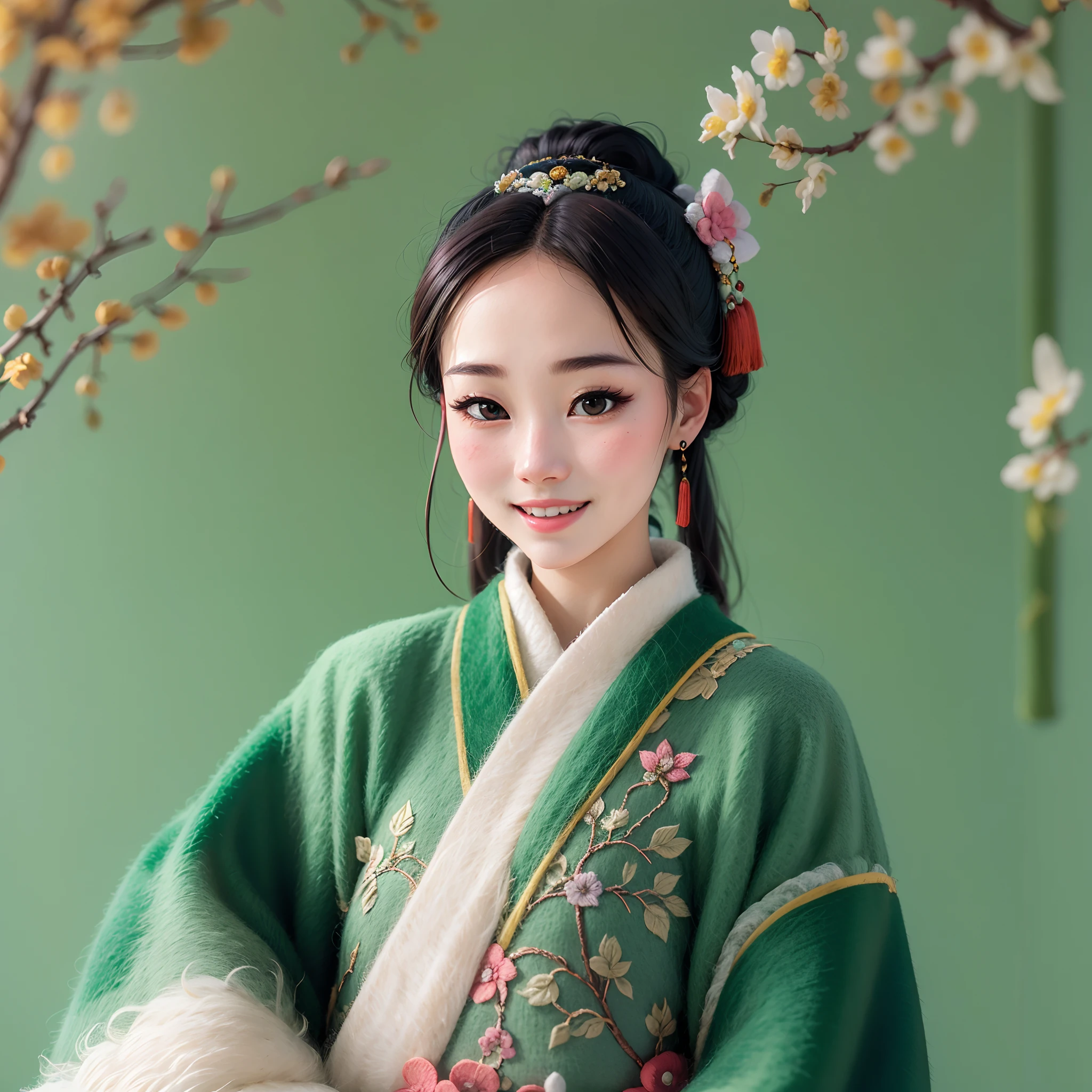 wool felt，felt，Plush ，adolable，Masterpiece, Best quality, Super detailed, illustration, 1 woman, 21 years old, Beautiful eyes, Close up, Smile, TRADITIONAL CHINESE COSTUMES,