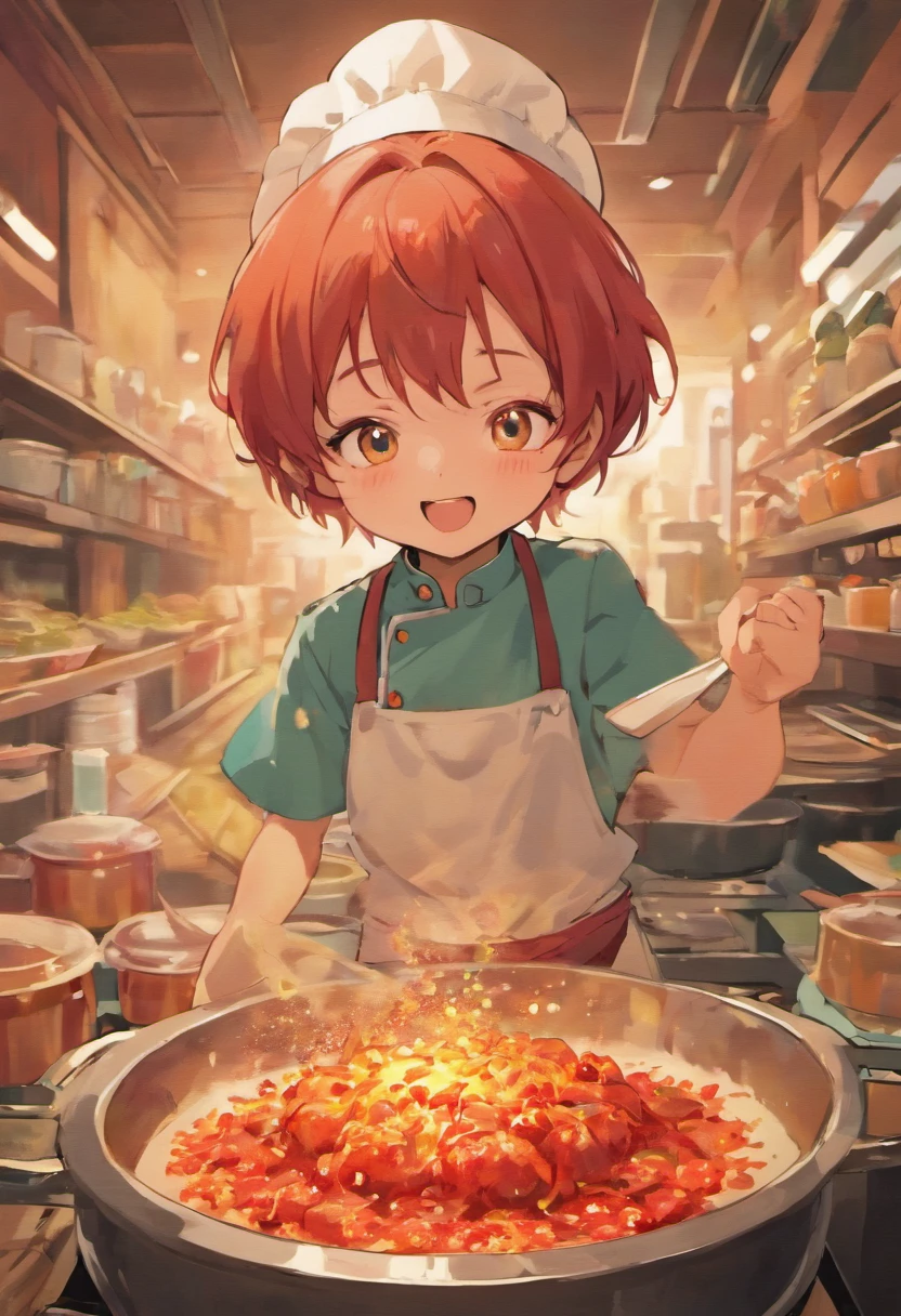 Illustrate a delightful moment where a  chef, with an infectious smile, experiments with sambal ingredients in a playful and messy manner. Make sure the iconic sambal brand is prominently featured in the artwork."