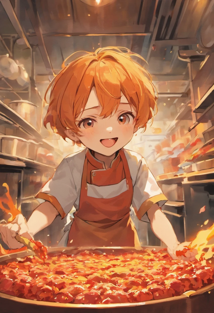 Illustrate a delightful moment where a chef, with an infectious smile, experiments with sambal ingredients in a playful and messy manner. Make sure the iconic sambal brand is prominently featured in the artwork."
